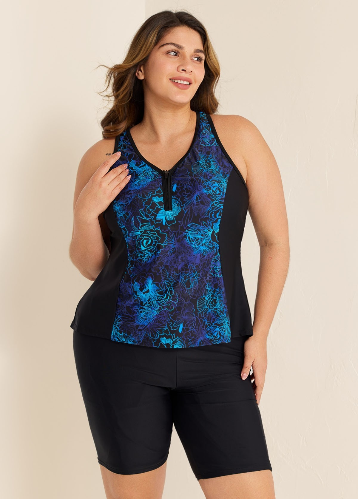 Plus Size Blue Floral Zipper And Color Block Swimsuits Tankini Top