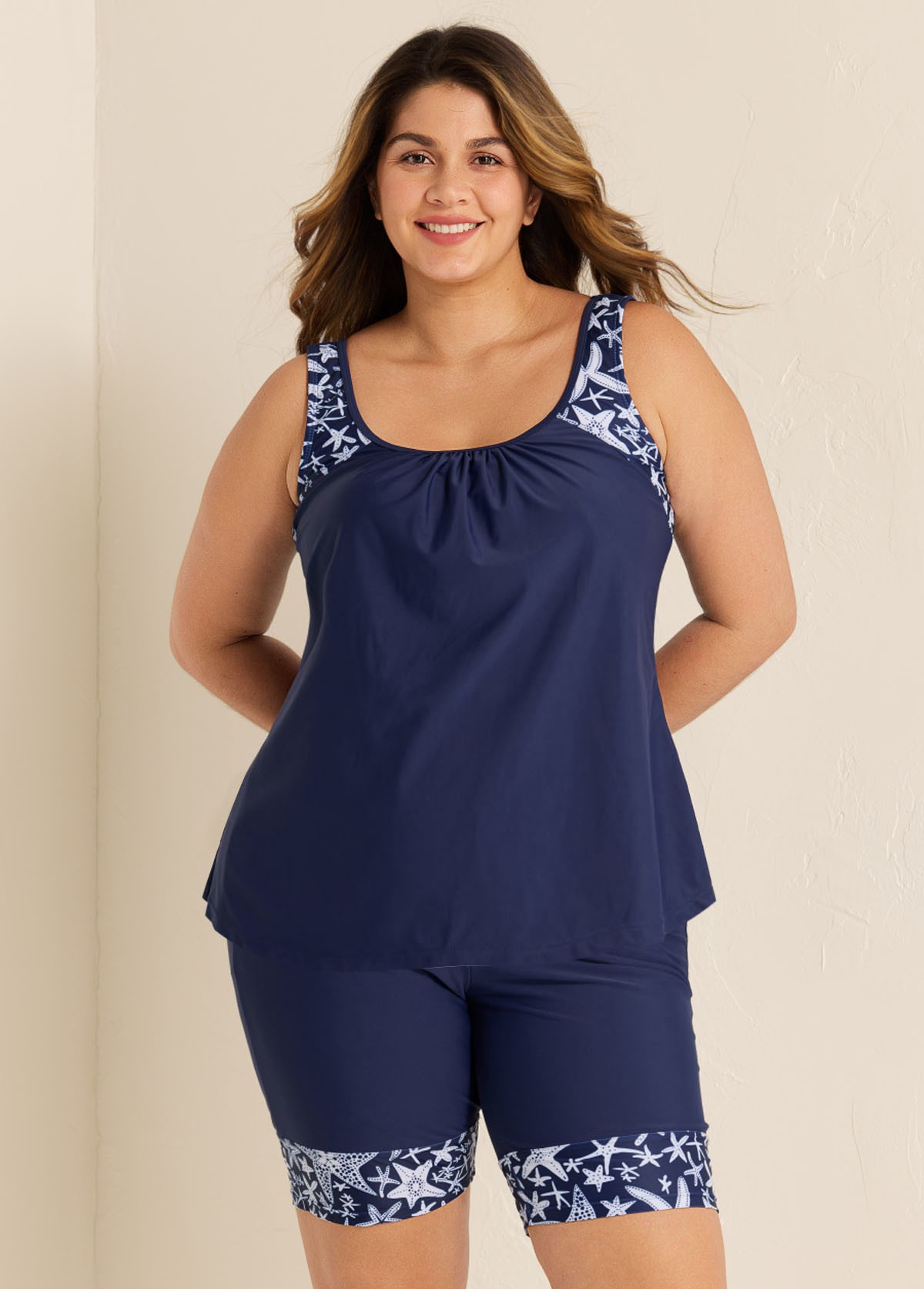 Plus Size Navy Graphic Print Round Neck Tankini Set