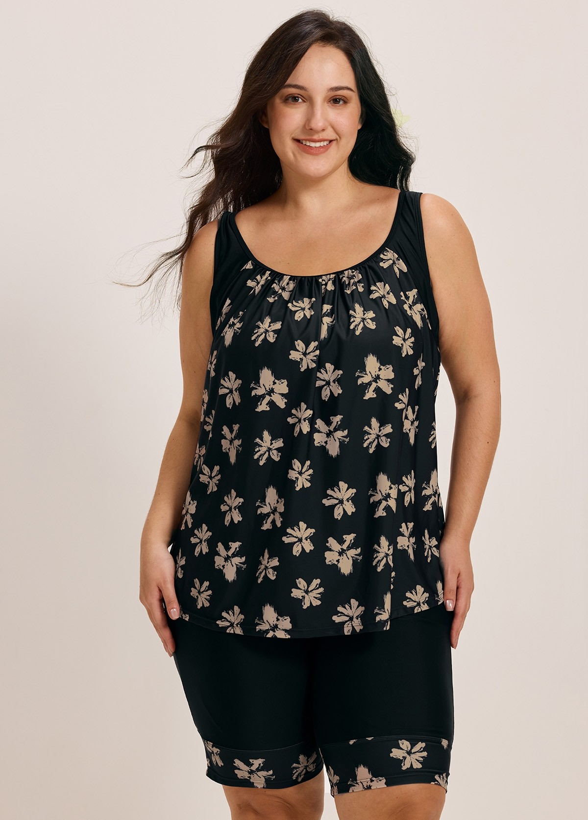 Plus Size Yellow Floral Vintage Padded Women's Swimsuit Two Piece Tankini Set