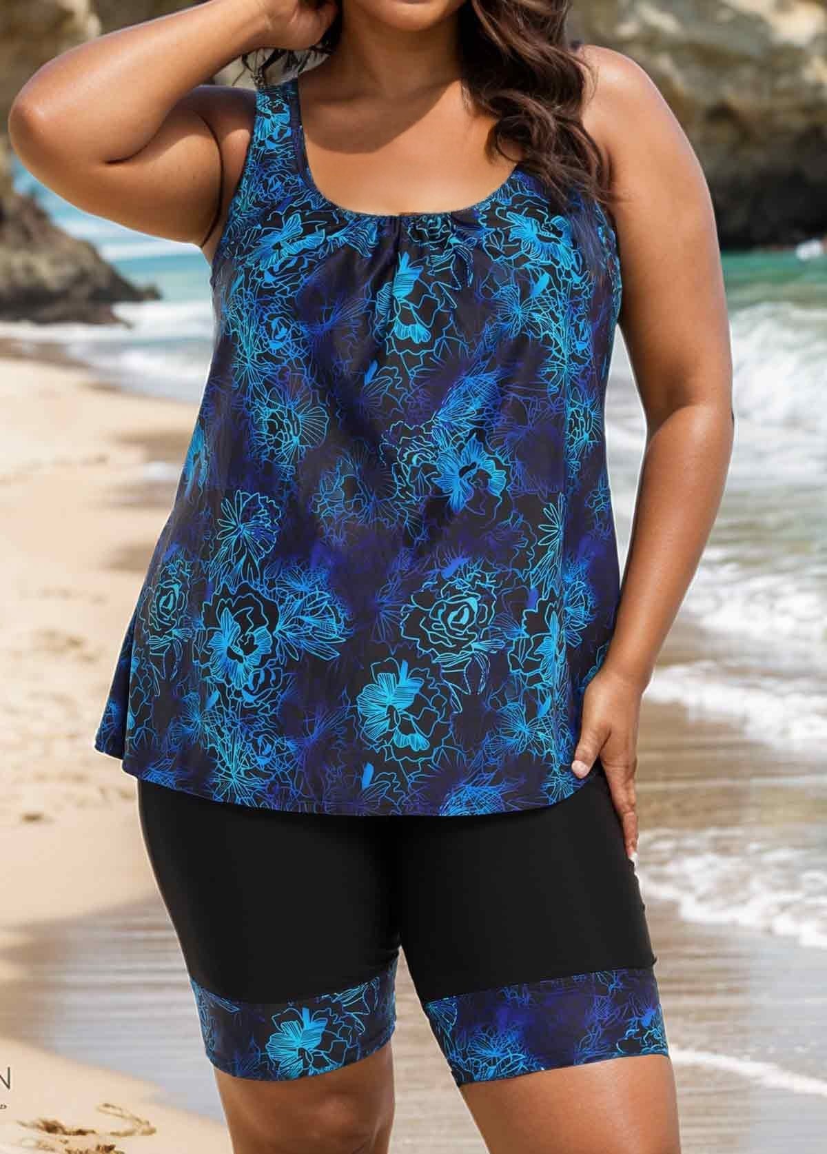 Curvy Blue Floral Modest And Sporty Swimsuit And Swimwear Tankini Set
