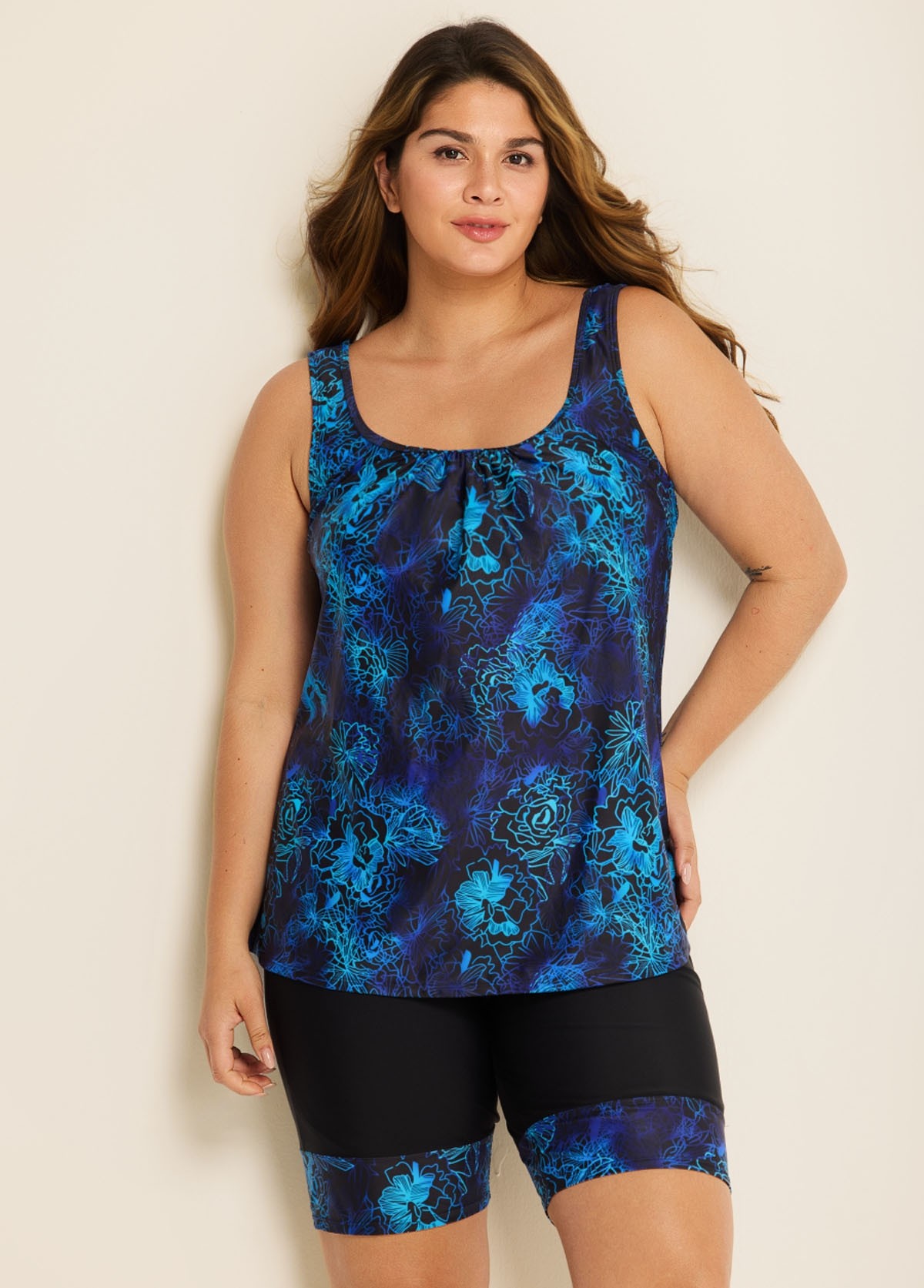 Curvy Blue Floral Modest And Sporty Swimsuit And Swimwear Tankini Set