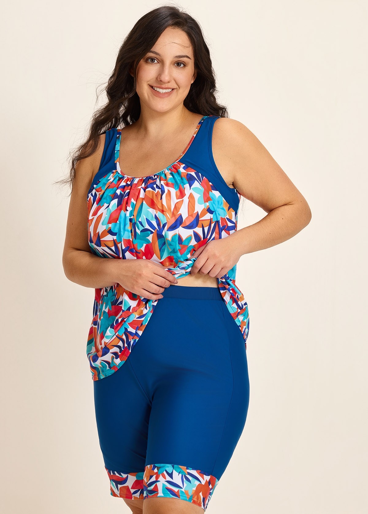 Curvy Colorful Tropical Leaf Flattering Padded Women's Swimsuit Two Piece Tankini Set