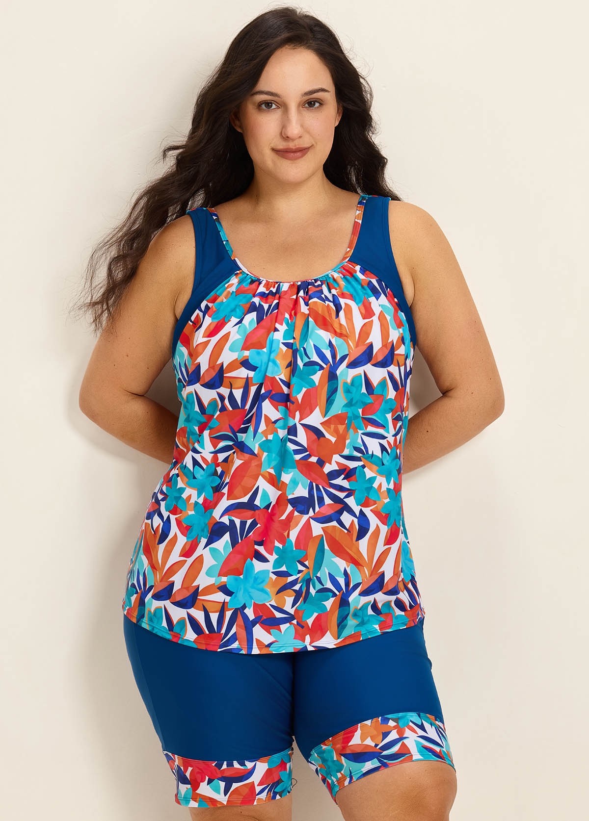 Curvy Colorful Tropical Leaf Flattering Padded Women's Swimsuit Two Piece Tankini Set