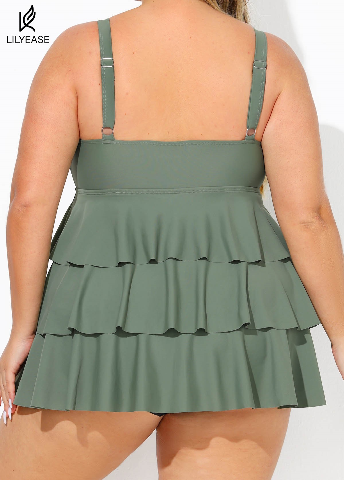 Green Knotted Front Ruffle Tiered Elegant Tankini Top