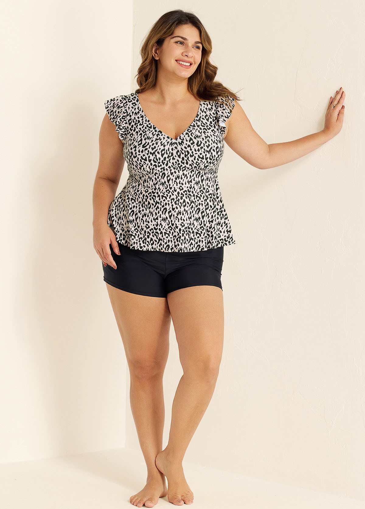 Leopard Print V Neck Ruffle Sleeve Plus Size Women Tankini Top