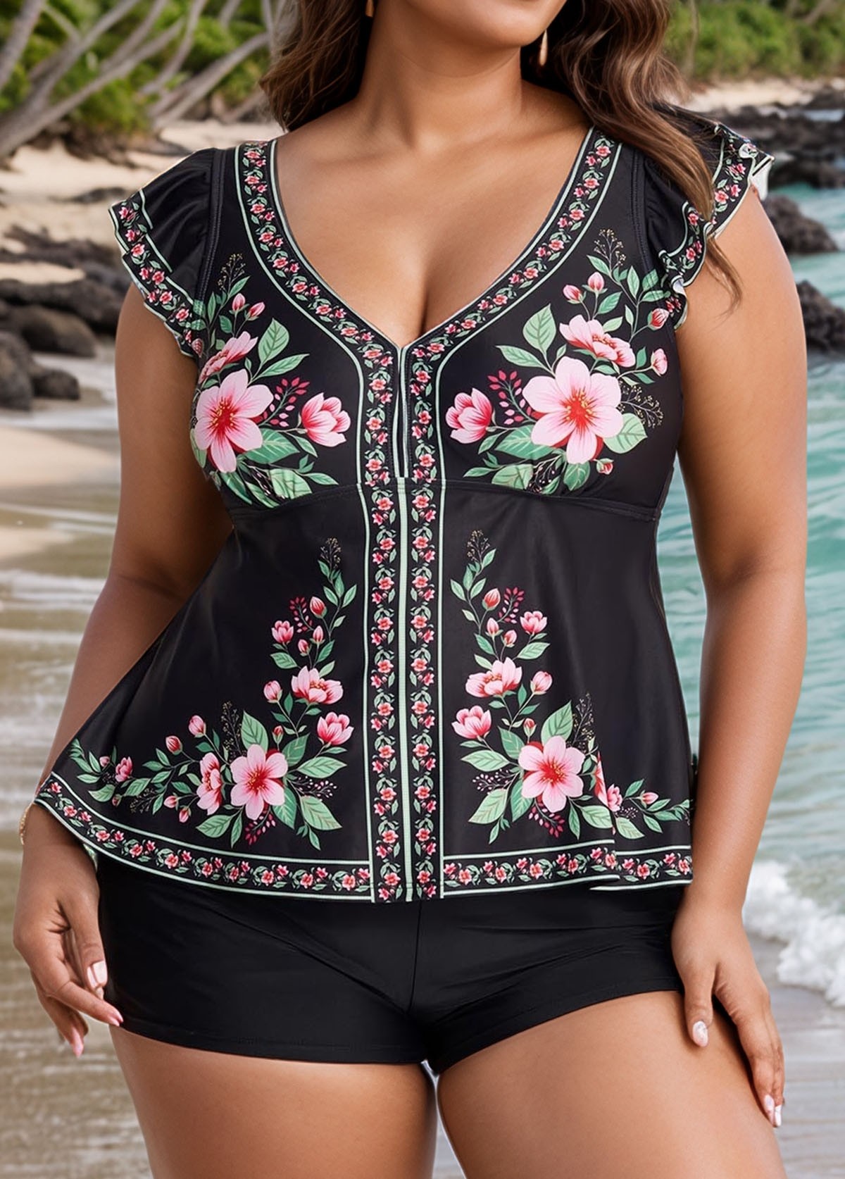 Black Floral V Neck Ruffled Sleeve Curvy Swimsuit Tankini Top