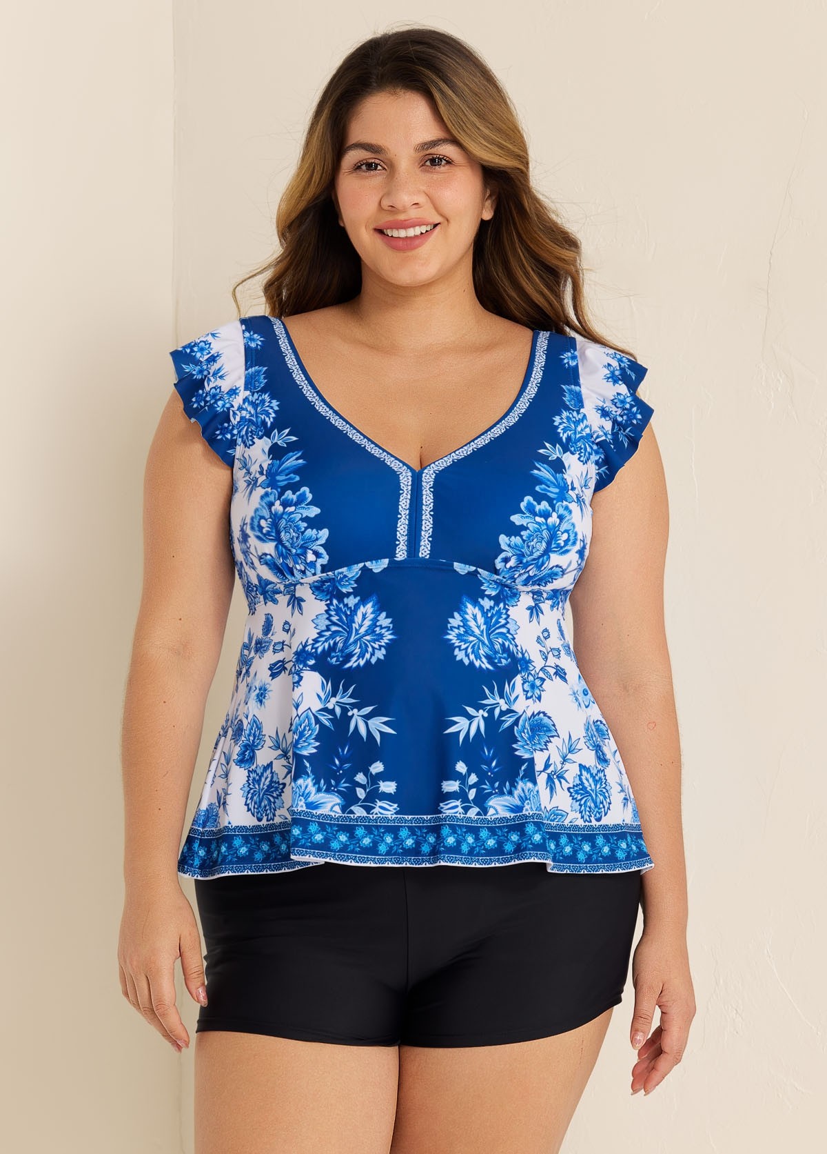 Plus Size  Blue And White Ruffle Sleeve Swimwear Bathing Suits Tankini Top