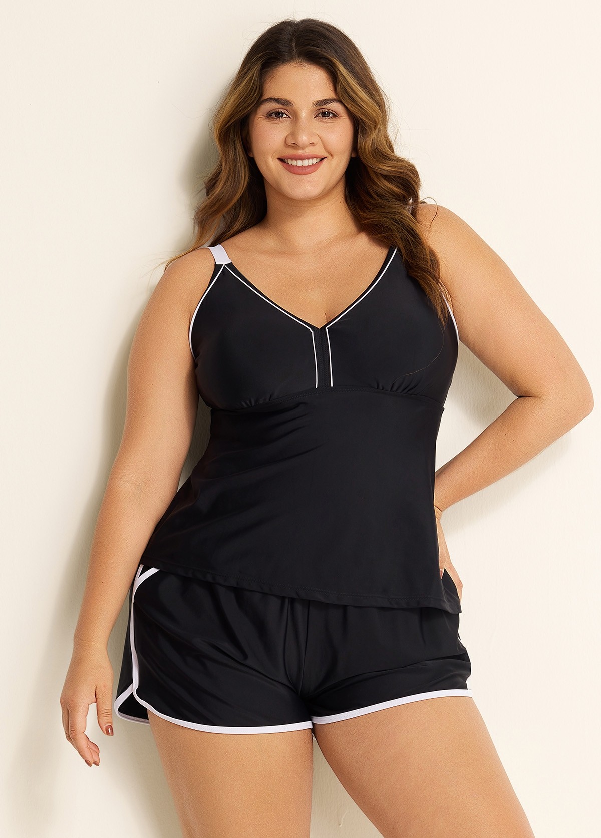 Black And White Sporty Comfortable Plus Size Tankini Top