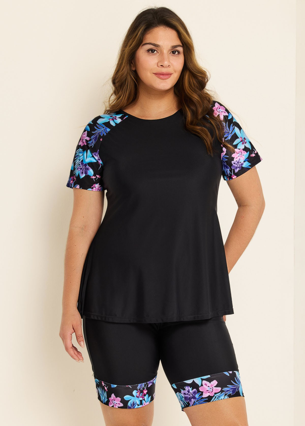 Black Floral Pullover Short Sleeve Fashion Casual Tankini Set