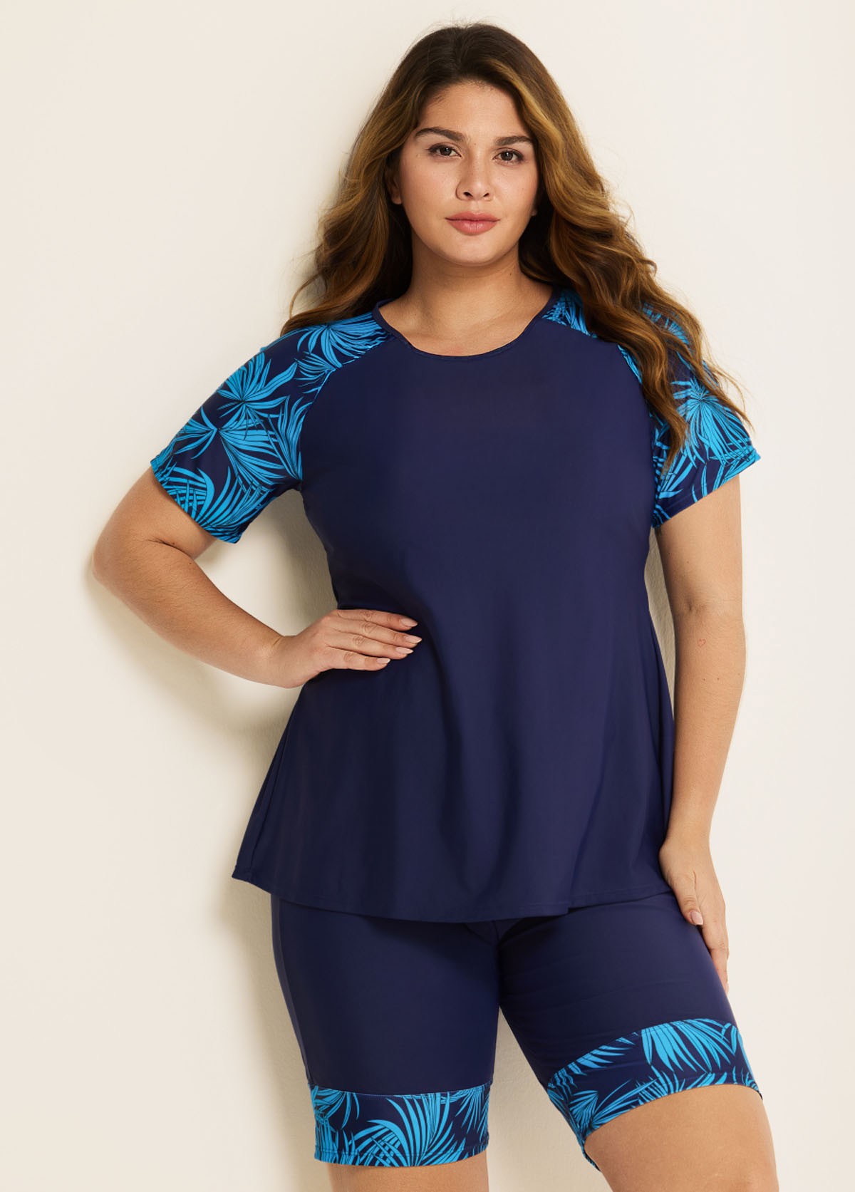 Blue Plants Pullover Short Sleeve Modest Plus Size Fashion Casual Tankini Set