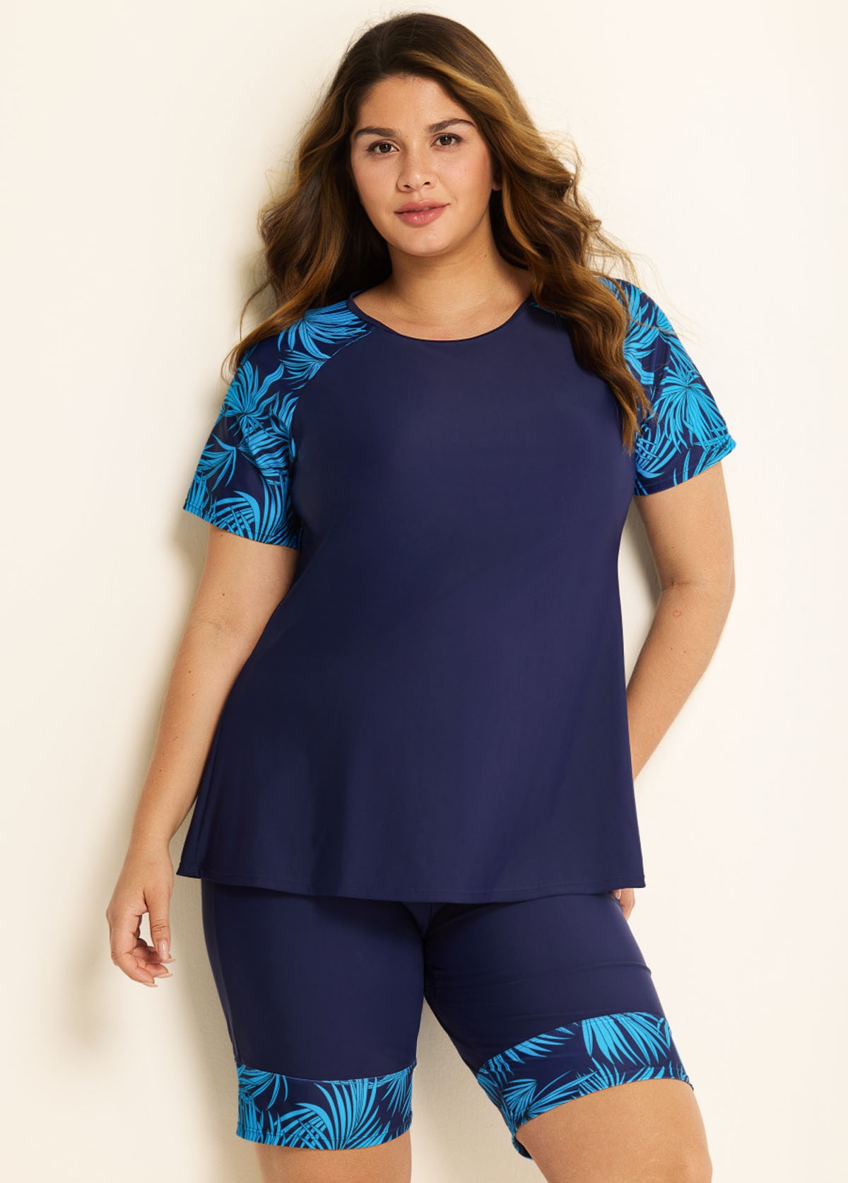 Blue Plants Pullover Short Sleeve Modest Plus Size Fashion Casual Tankini Set