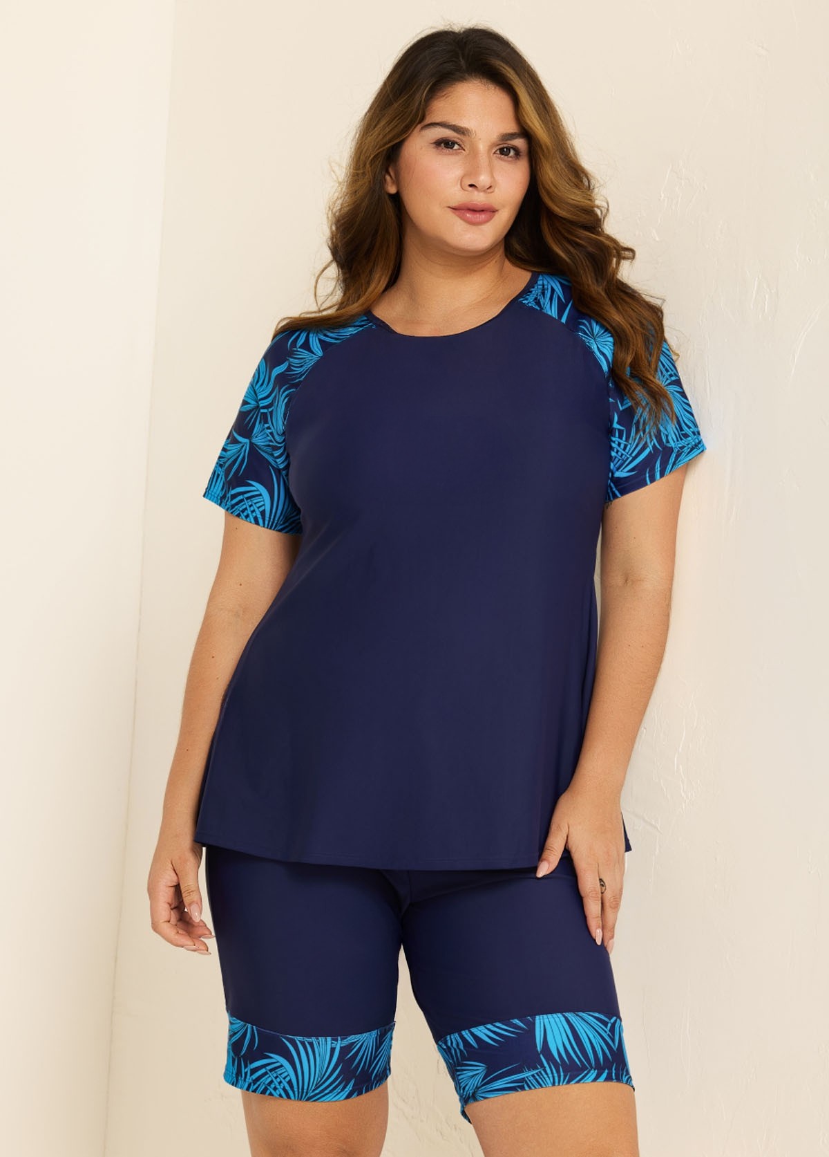 Blue Plants Pullover Short Sleeve Modest Plus Size Fashion Casual Tankini Set