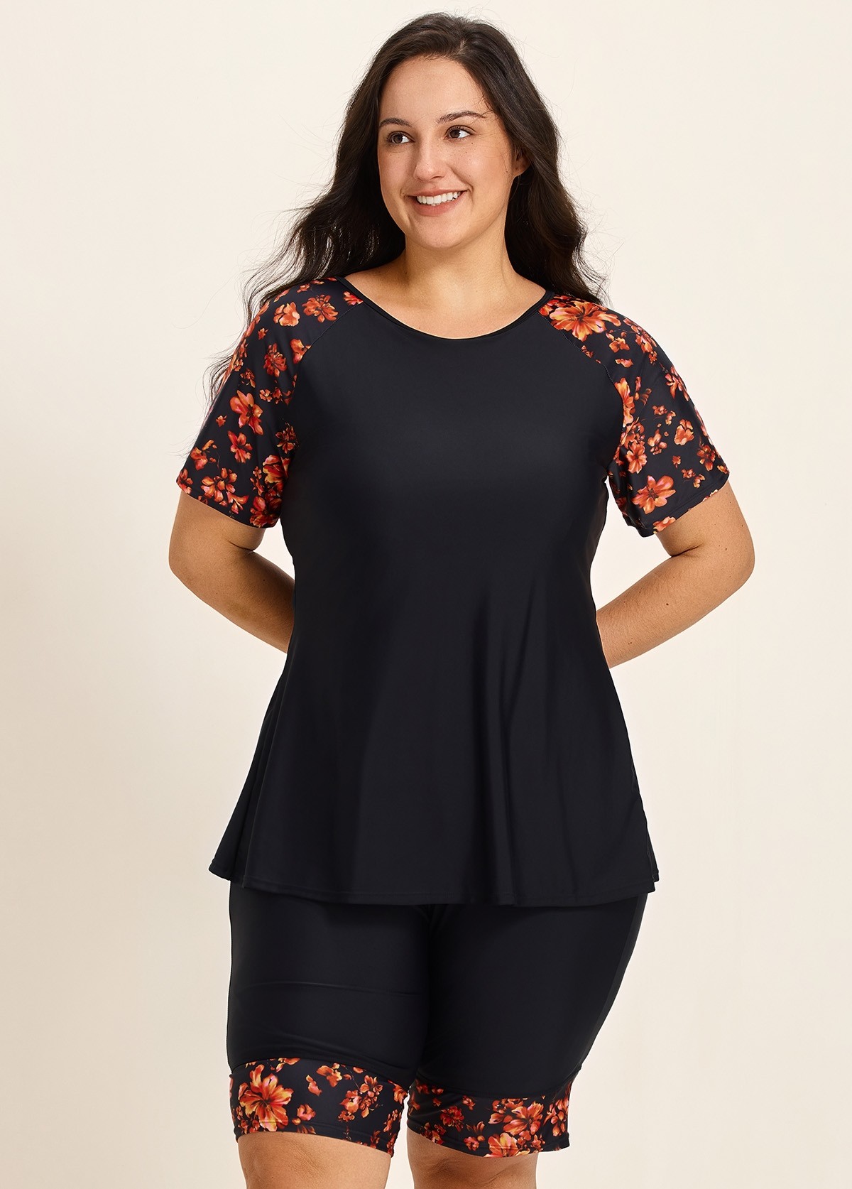 Red Tropical Floral Upf50+ Short Sleeves Plus Size Swimsuit Shirt Two Piece Tankini Set