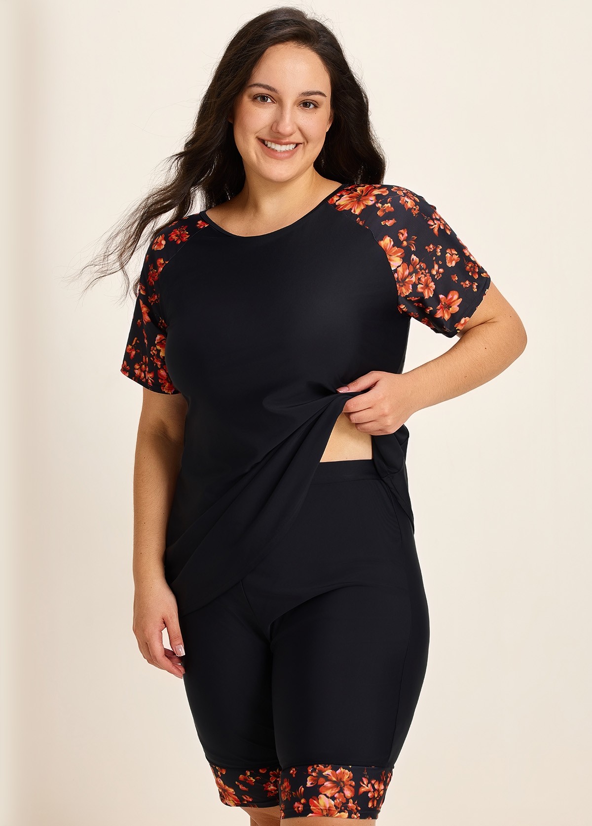 Red Tropical Floral Upf50+ Short Sleeves Plus Size Swimsuit Shirt Two Piece Tankini Set