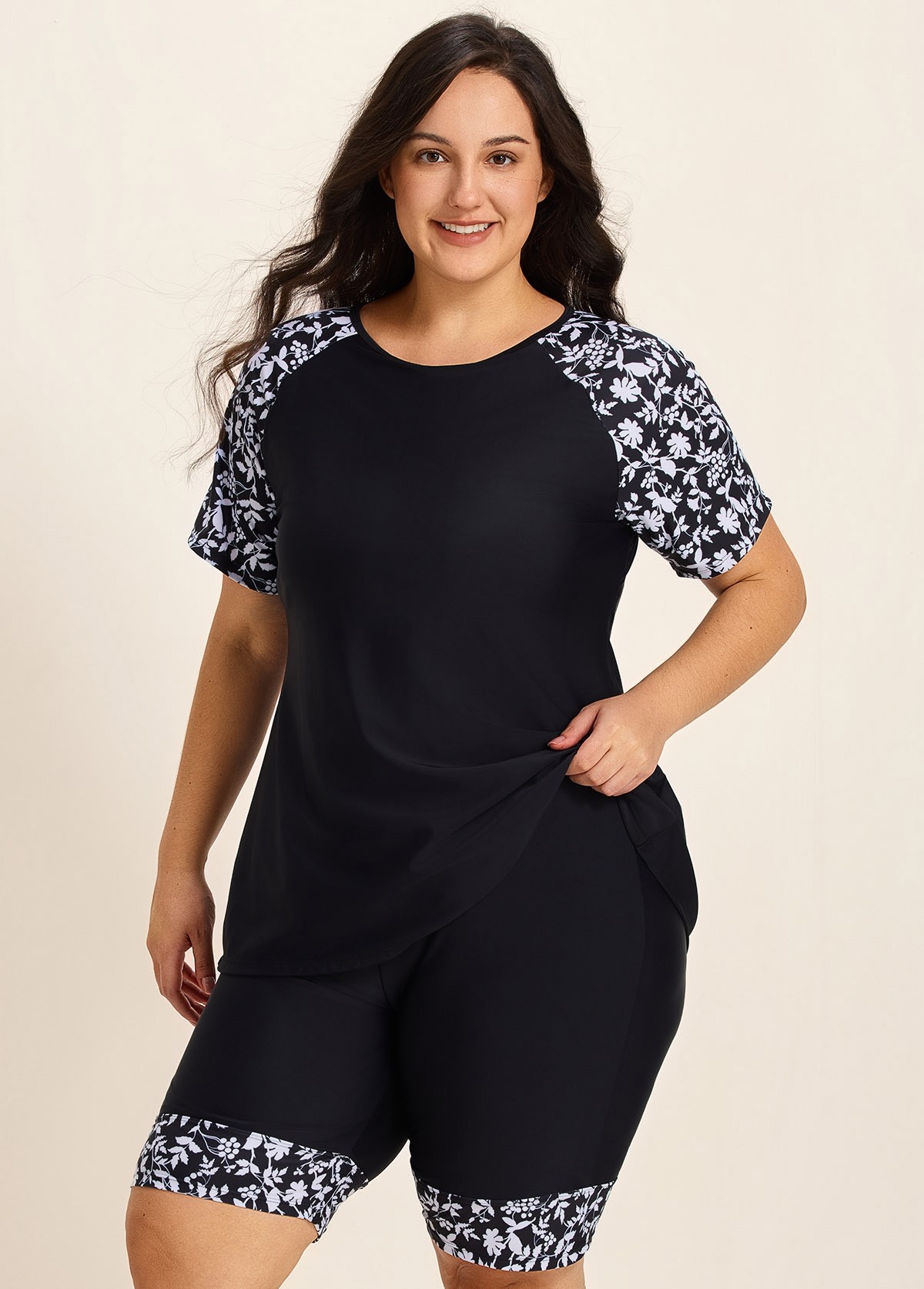 Plus Size Black Floral High Neck Upf50+ Short Sleeves Swimsuit Shirt Two Piece Tankini Set