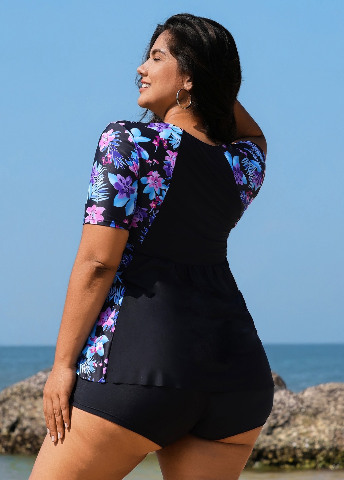 Black Floral Raglan Short Sleeve Waist Shaping Tankini Top
