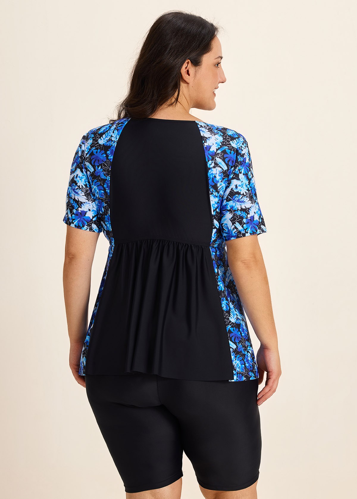 Curvy Blue Tropical Plants Upf50+ Short Sleeves Vintage Women's Swimsuit Shirt Tankini Top