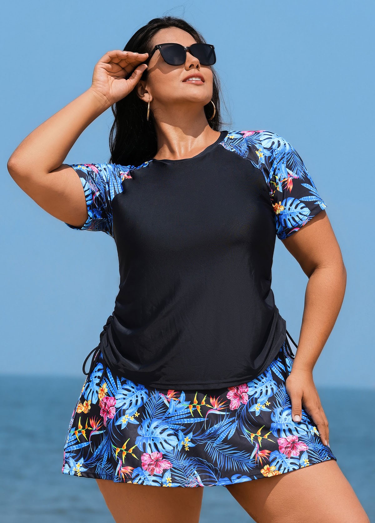 Black Floral Print Side Drawstring Plus Size Tankini Top