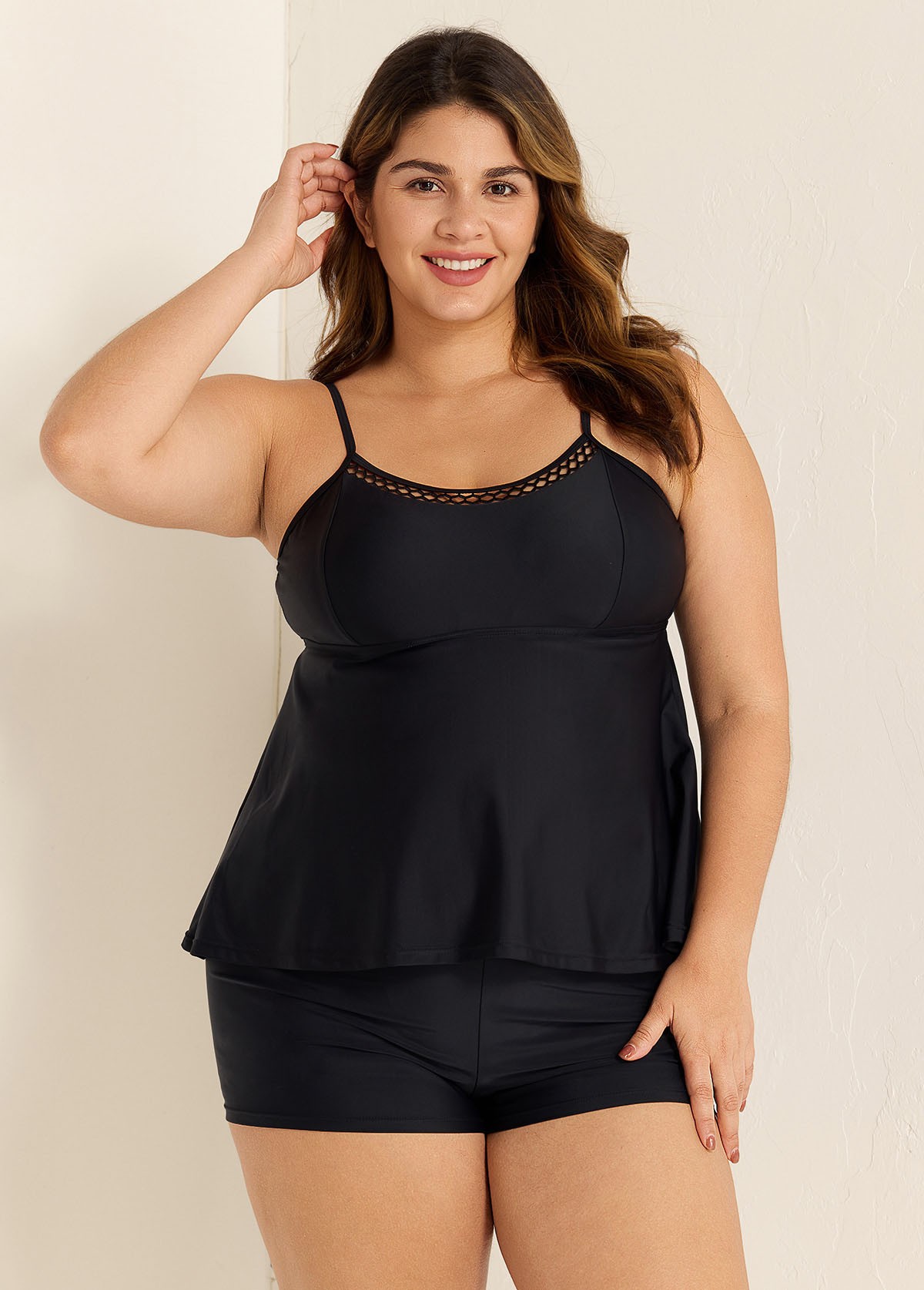 Black Cutout Edge Scoop Neck Plus Size Tankini Top