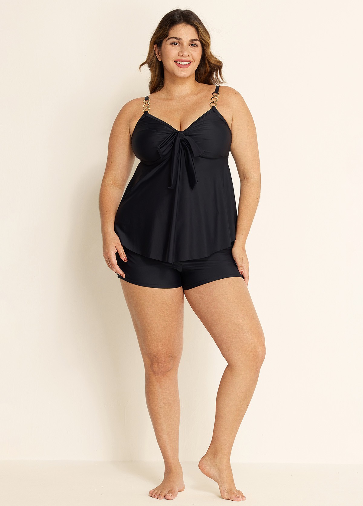 Black V Neck Ring Metal Ruched Front Tankini Top