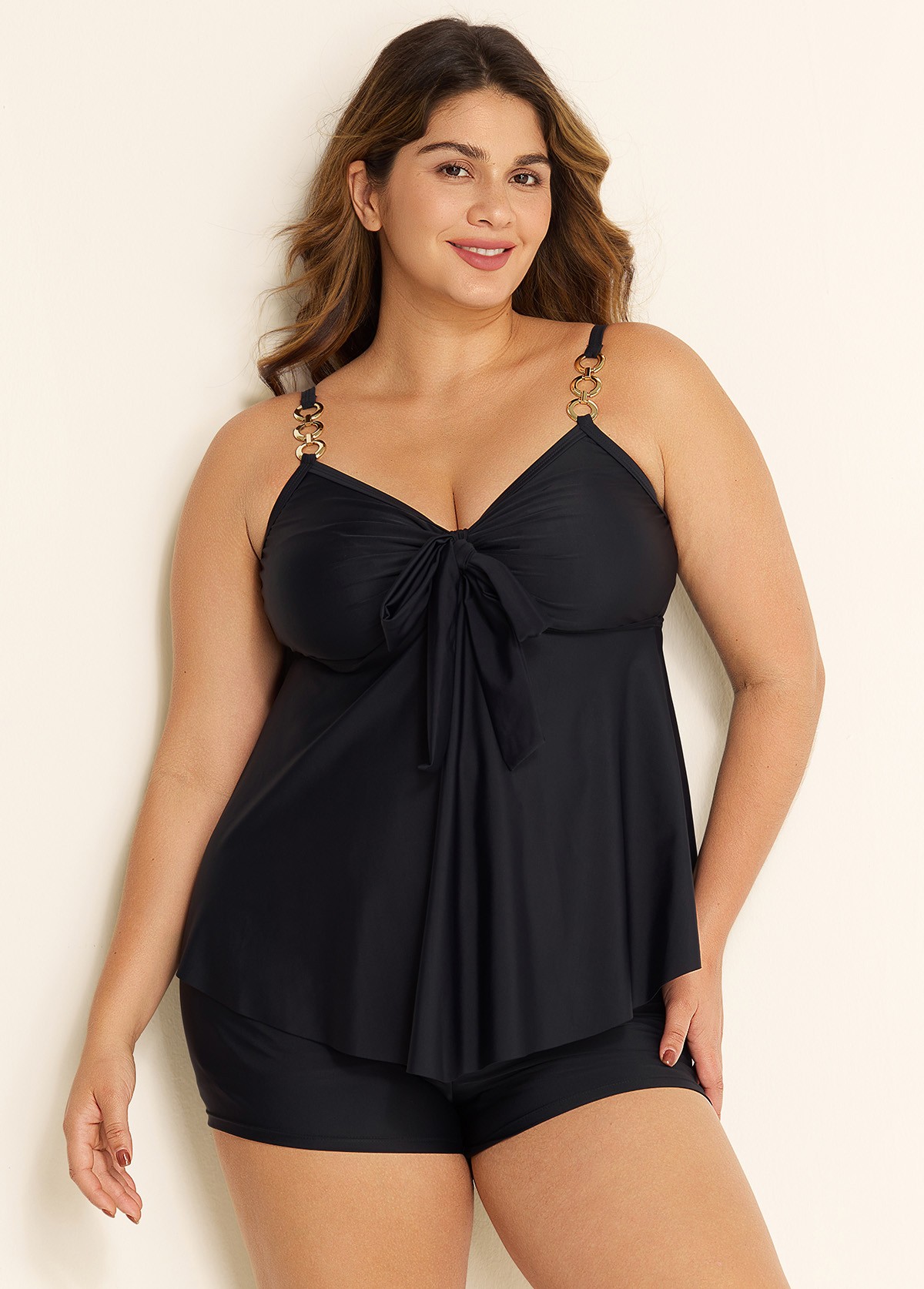 Black V Neck Ring Metal Ruched Front Tankini Top