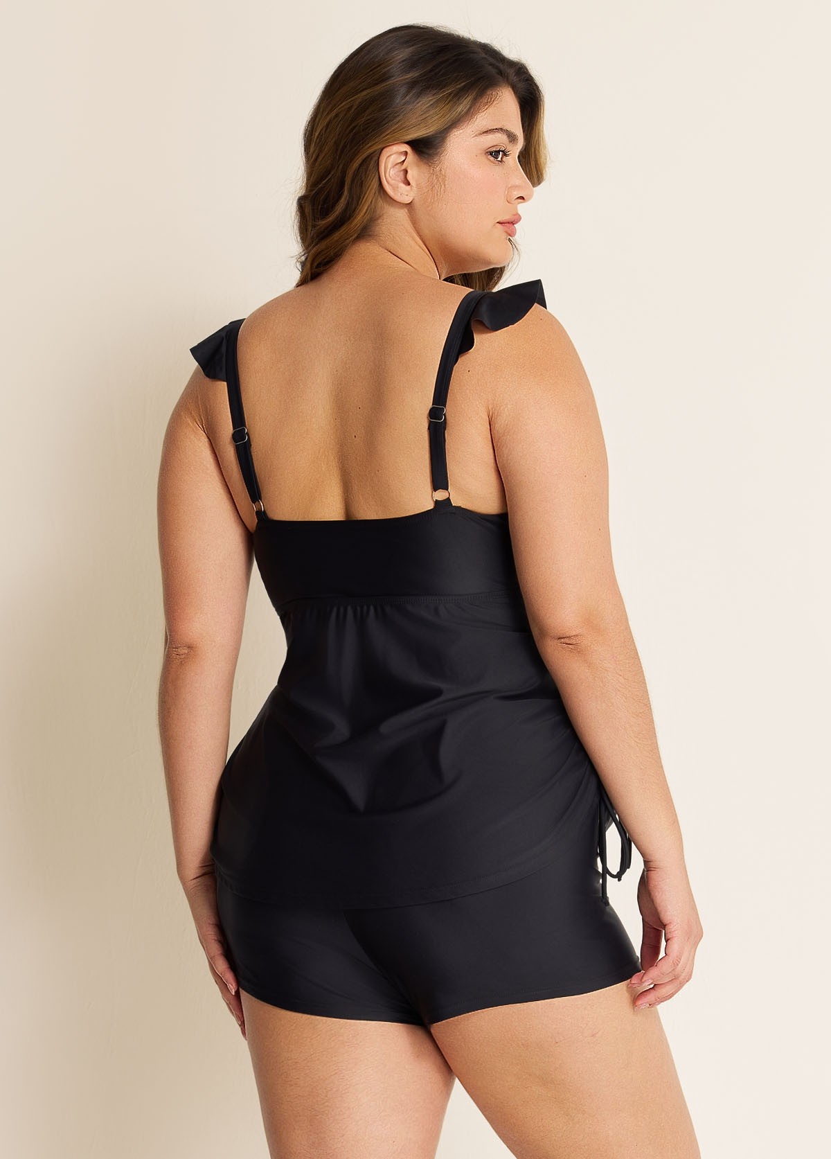 Black V Neck Plus Size Modest Ruffle Drawstring Tankini Swimsuit Top