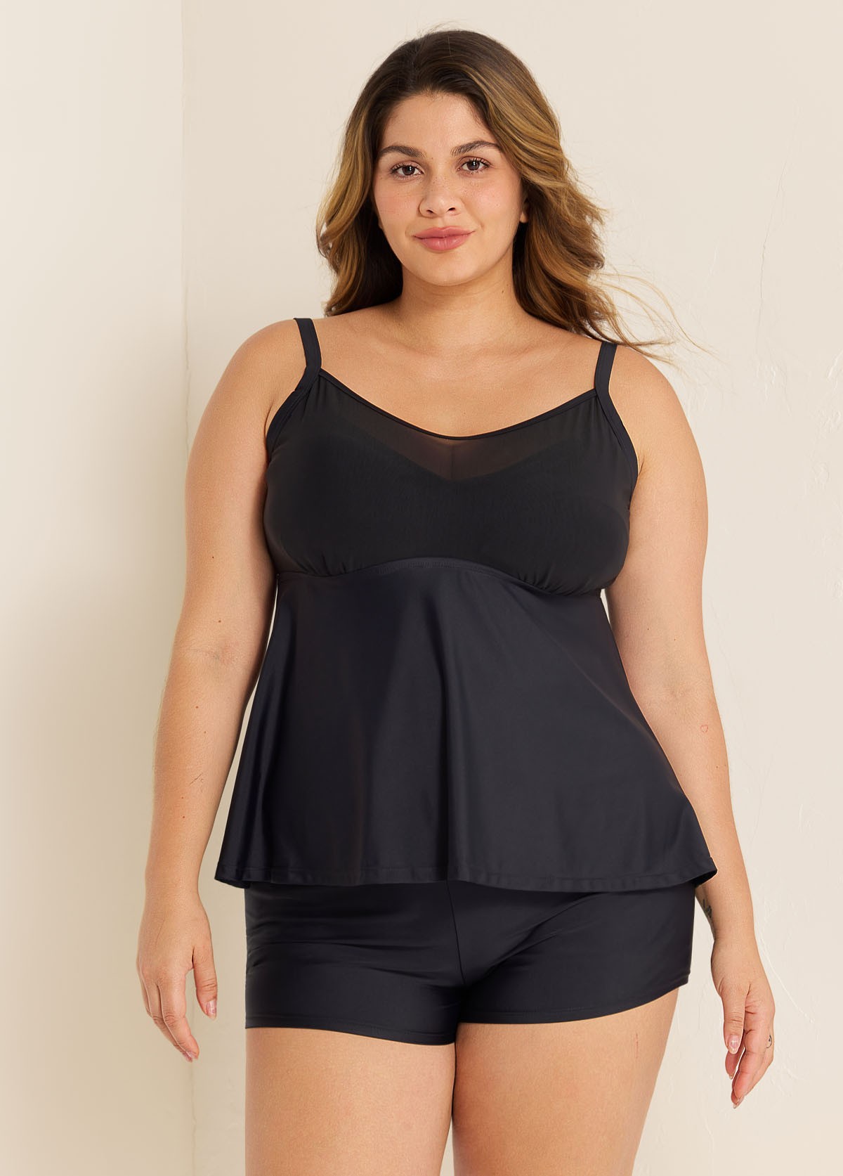 Black V-Neck Chest Mesh Plus Size Modest Fashion Tankini Swimsuit Top