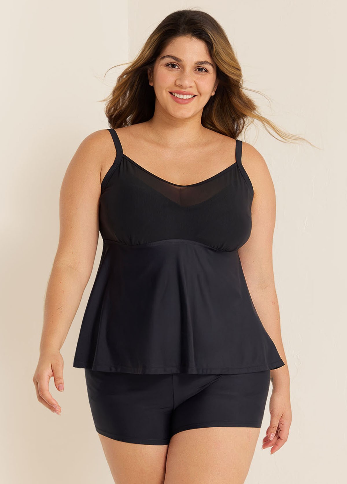 Black V-Neck Chest Mesh Plus Size Modest Fashion Tankini Swimsuit Top