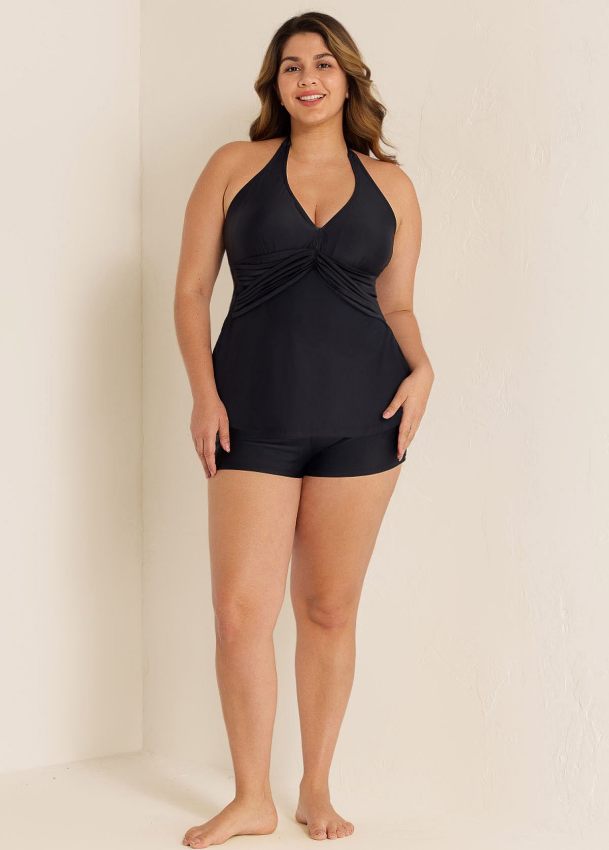 Black V Neck Waist Knot Plus Size Modest Fashion Tankini Swimsuit Top