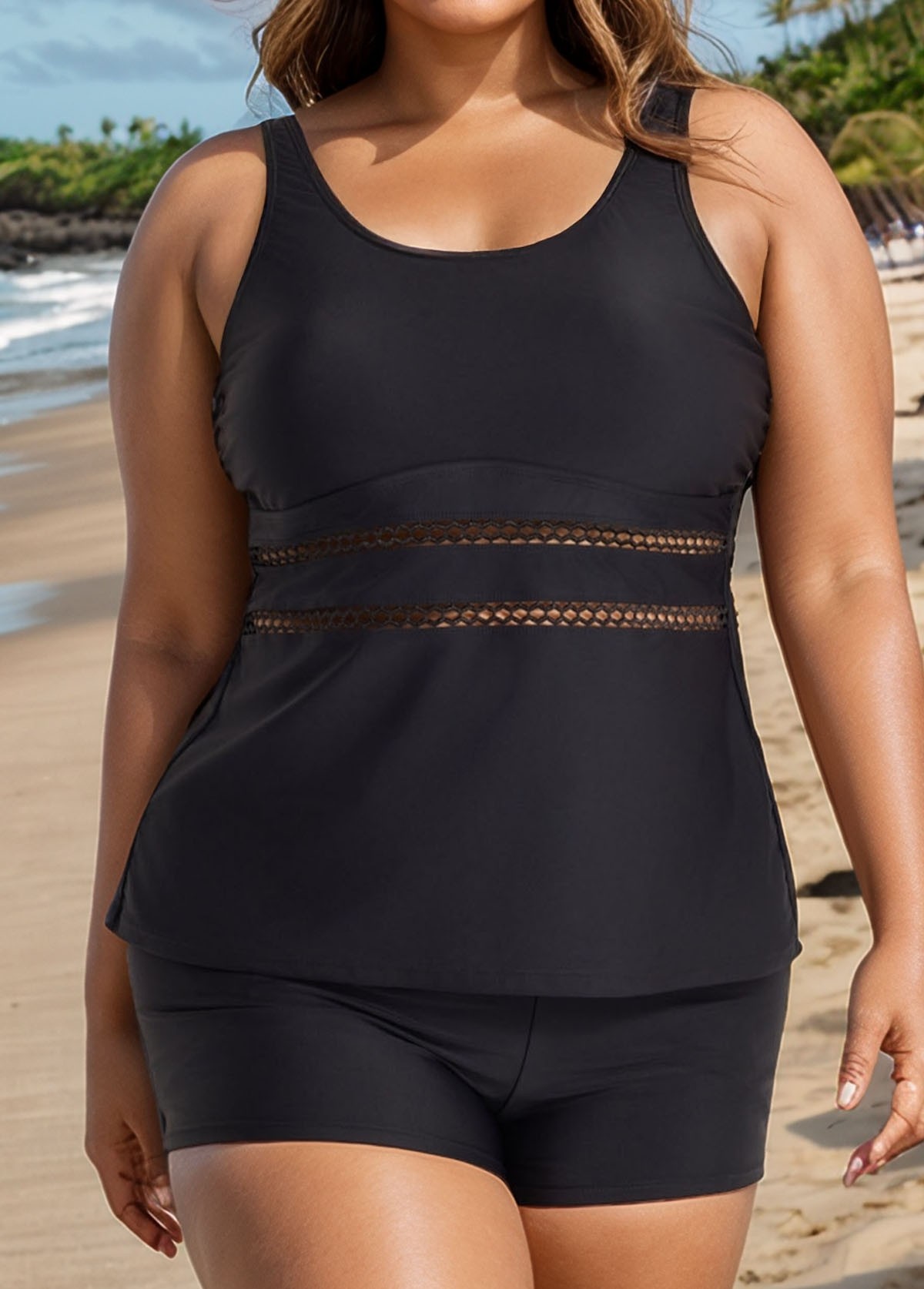 Black Scoop Neck Hollow Plus Size Modest Tankini Swimsuit Top