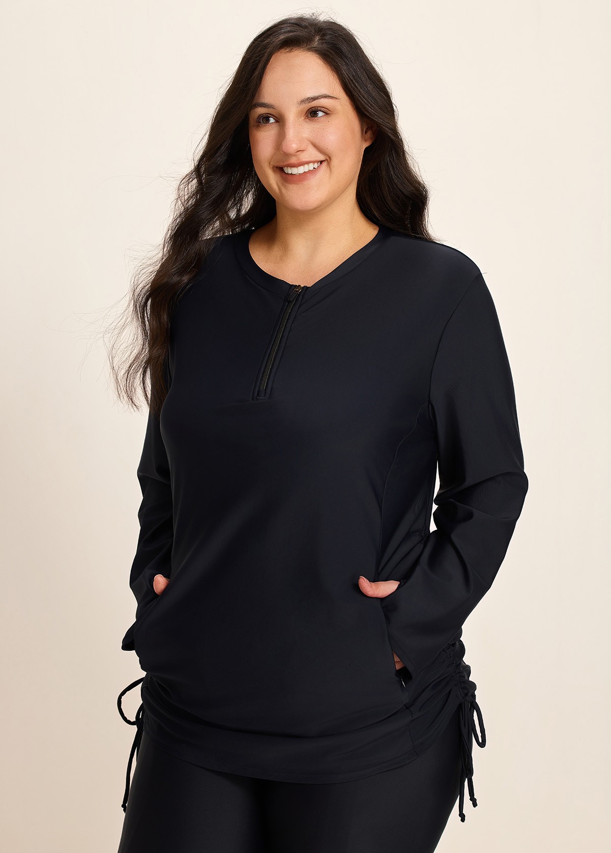 Long Sleeve Zip Front Side Pockets Drawstring Rash Guard Women Tankini Top