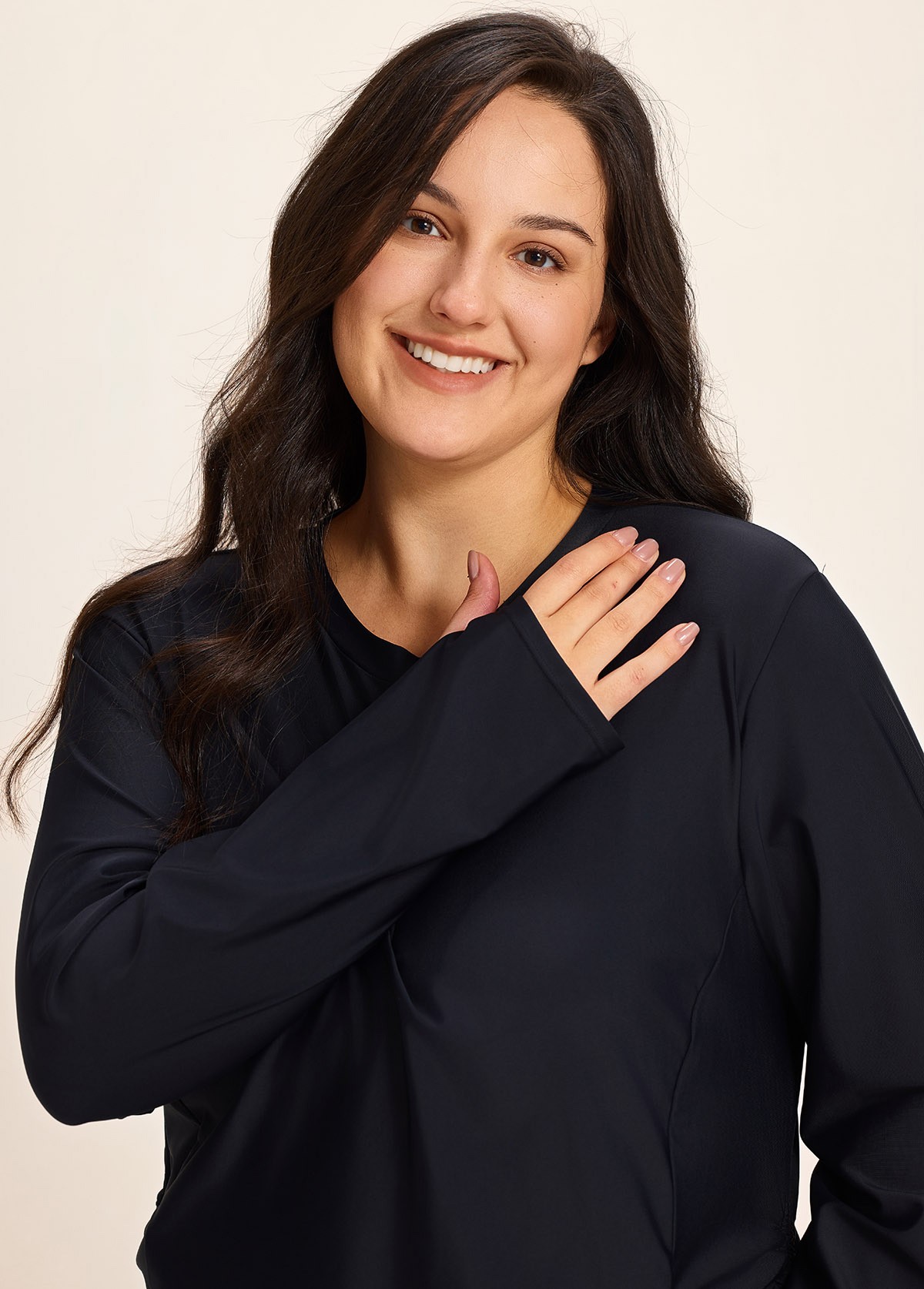 Long Sleeve Zip Front Side Pockets Drawstring Rash Guard Women Tankini Top