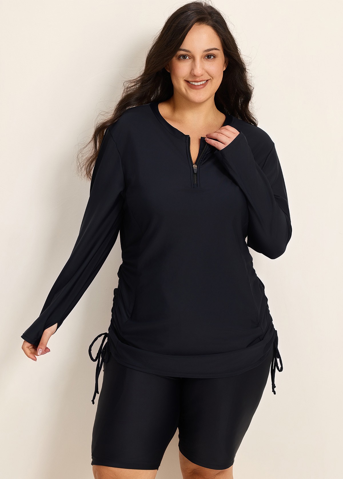 Long Sleeve Zip Front Side Pockets Drawstring Rash Guard Women Tankini Top