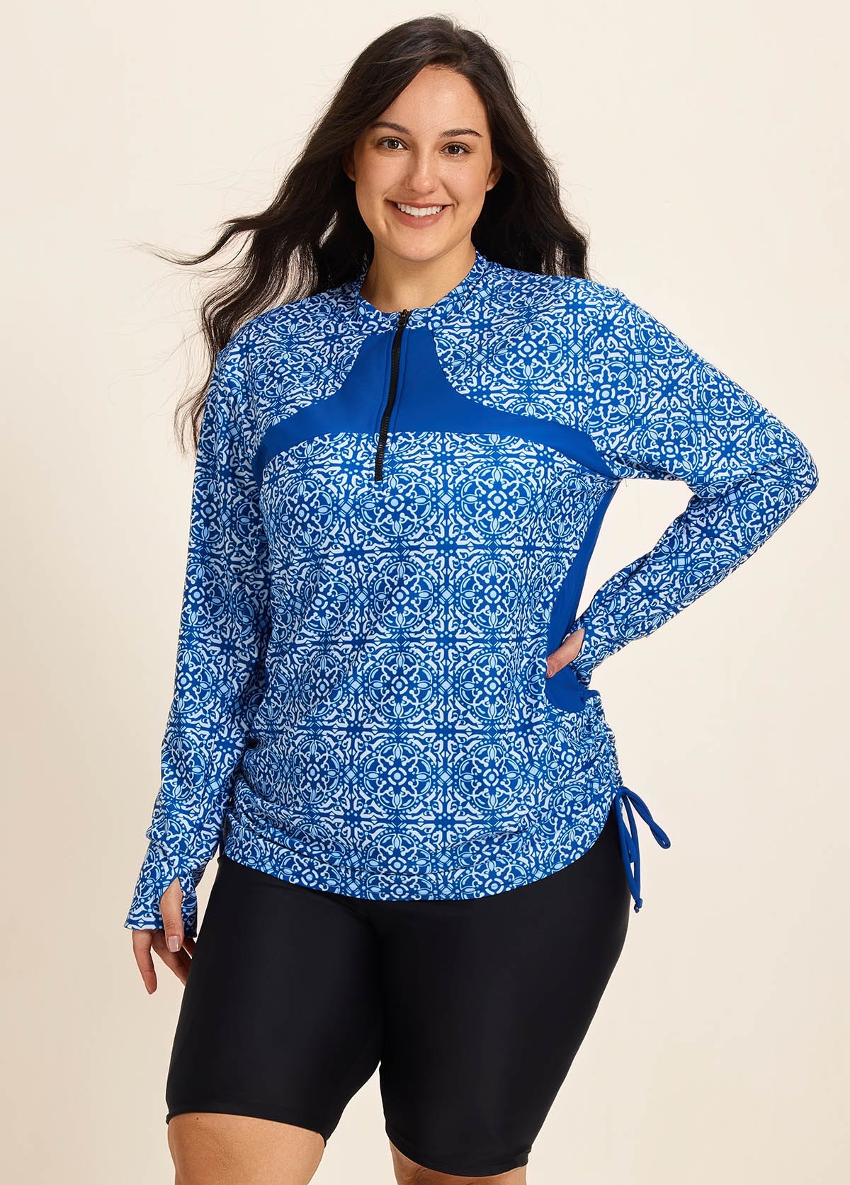 Plus Size Blue Geometric High Neck Upf50+ Long Sleeves Zipper Drawstring Swimsuit Shirt Tankini Top