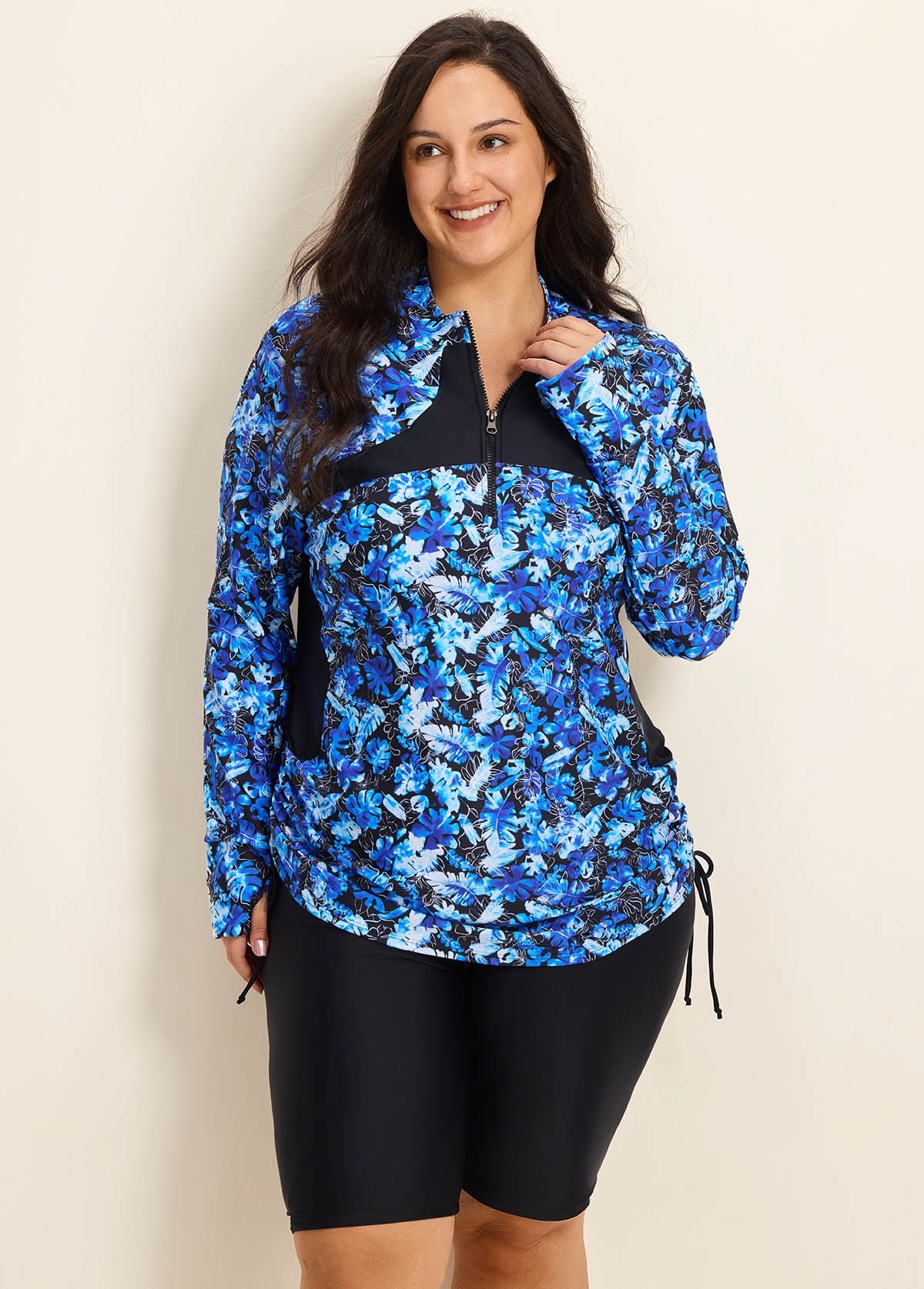 Curvy Blue Tropical Print High Neck Long Sleeves Zipper Drawstring Swim Uv Shirt Tankini Top