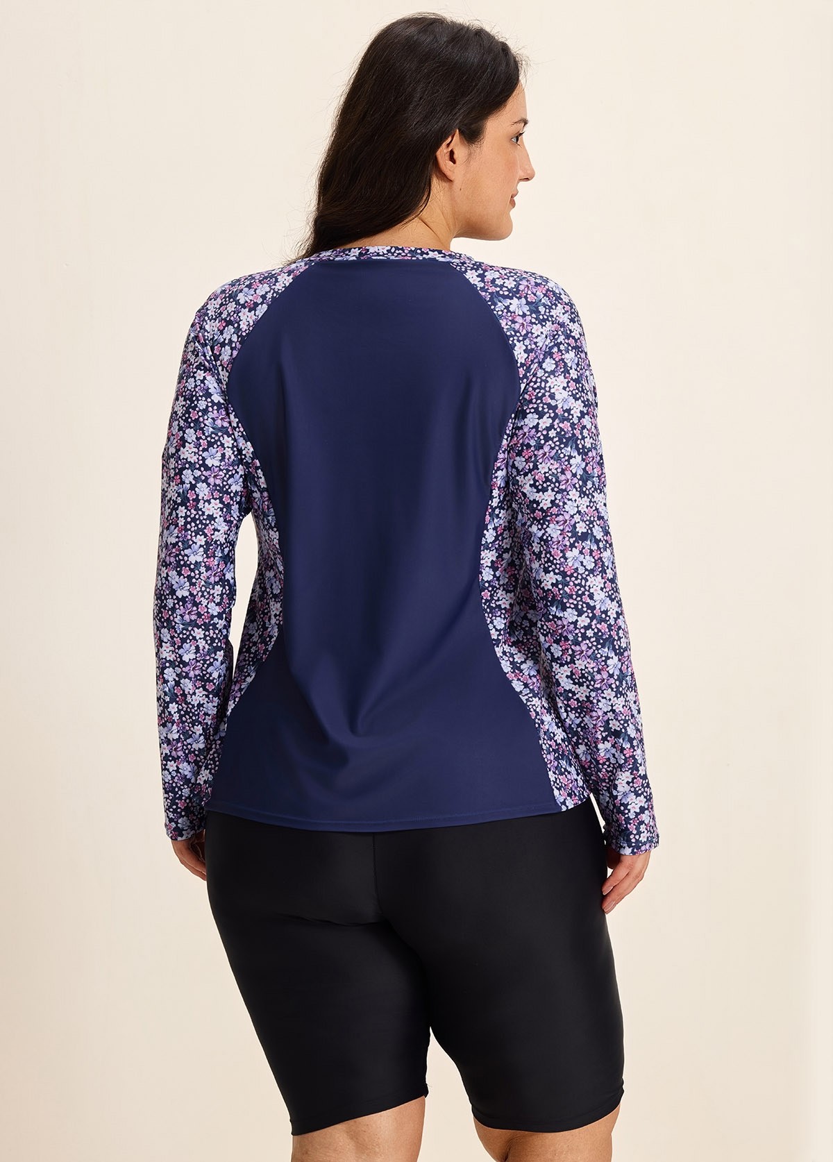 Purple Floral Print High Neck Upf50+ Long Sleeves Zipper Curvy Women's Swimsuit Shirt Tankini Top