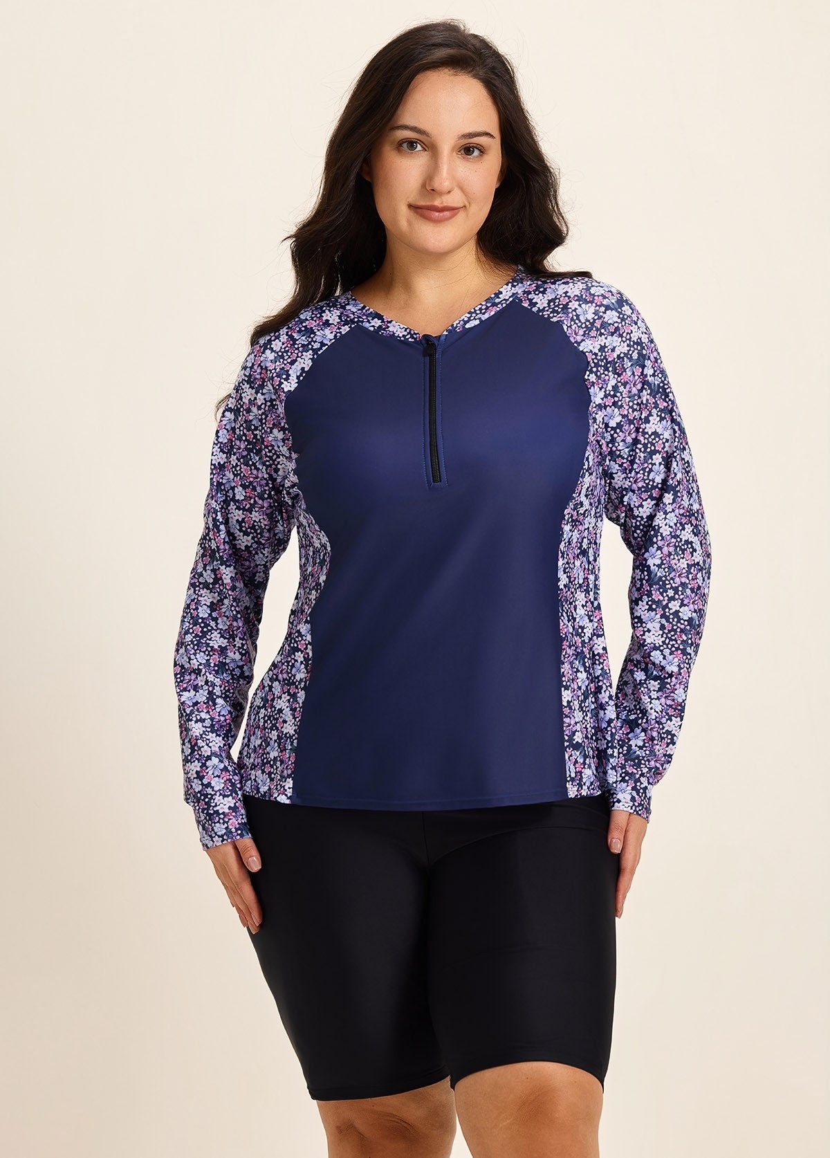 Purple Floral Print High Neck Upf50+ Long Sleeves Zipper Curvy Women's Swimsuit Shirt Tankini Top
