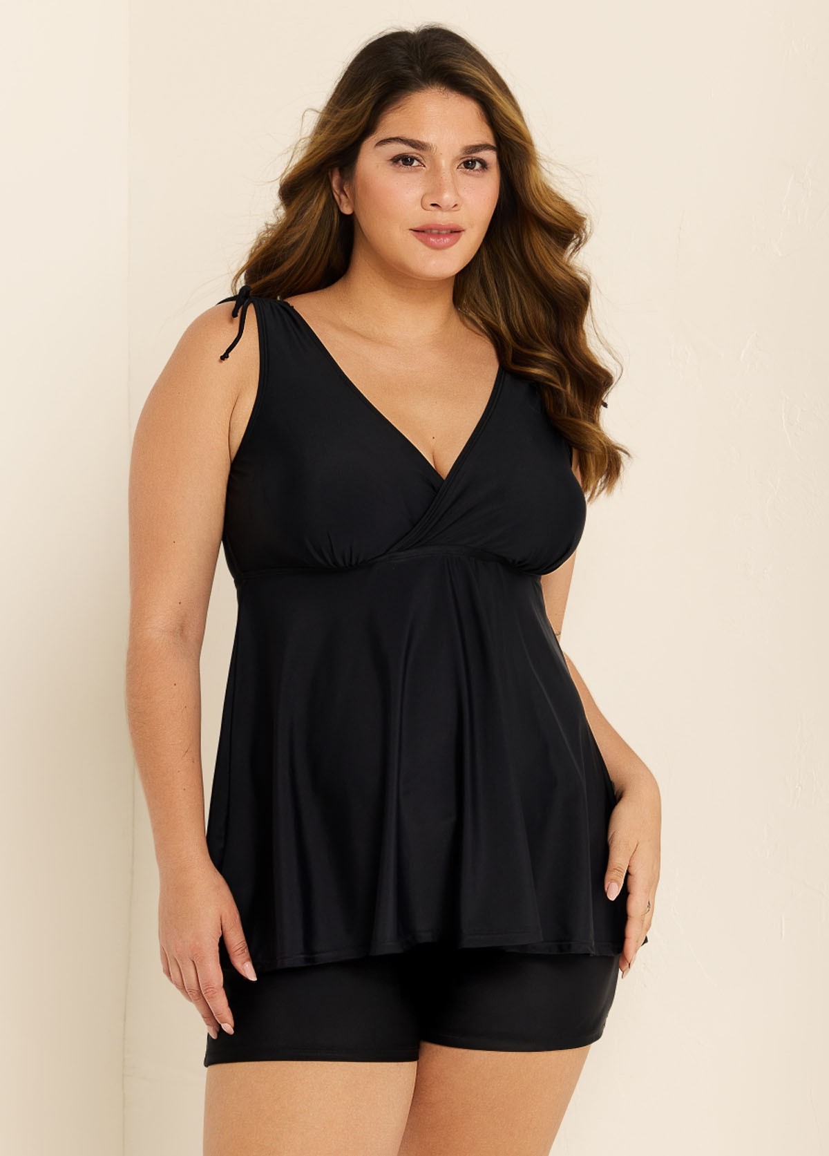 Black Wide Straps Wrap Curvy Two Piece Bathing Suits Tankini Top