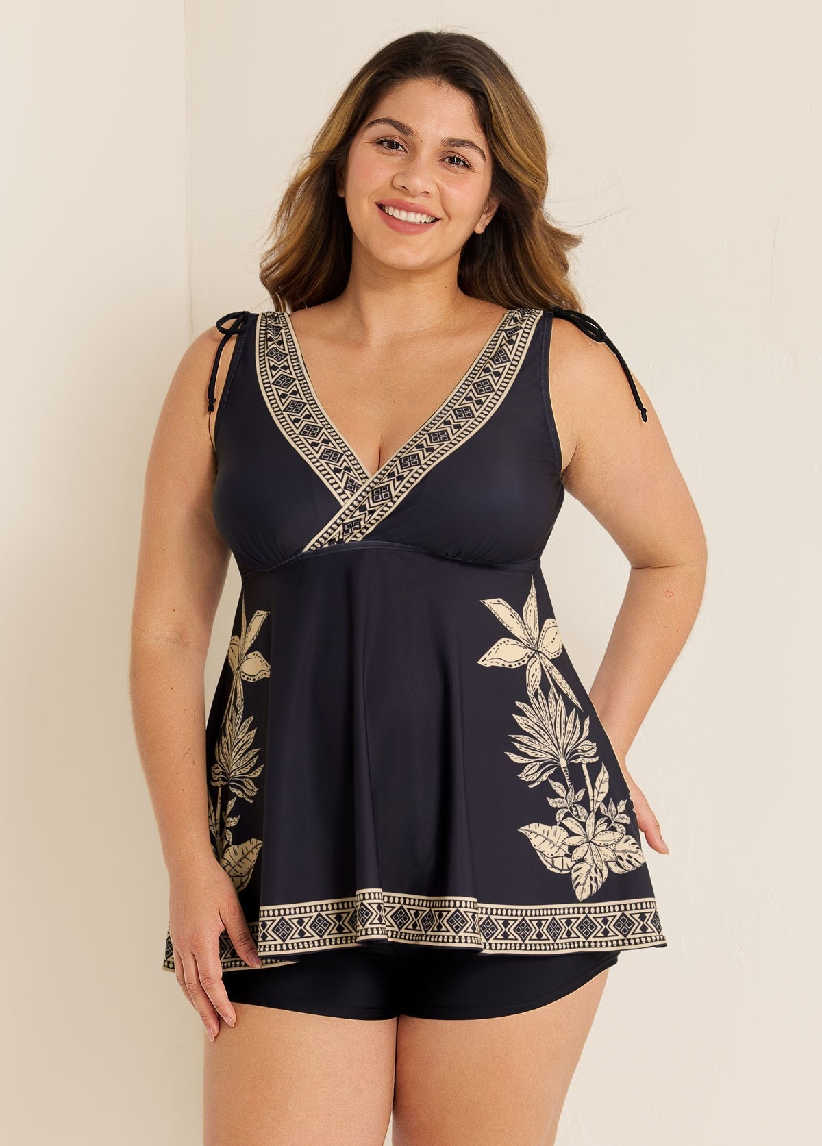 Plus Size Black Floral V Neck Wide Straps Swimsuit Tankini Top