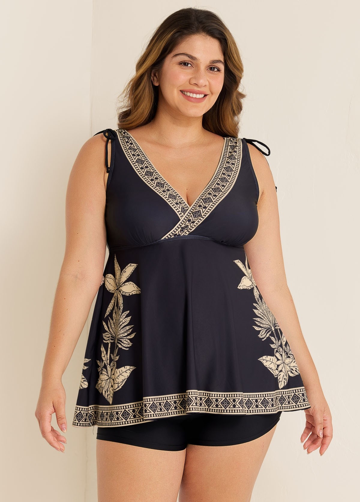 Plus Size Black Floral V Neck Wide Straps Swimsuit Tankini Top