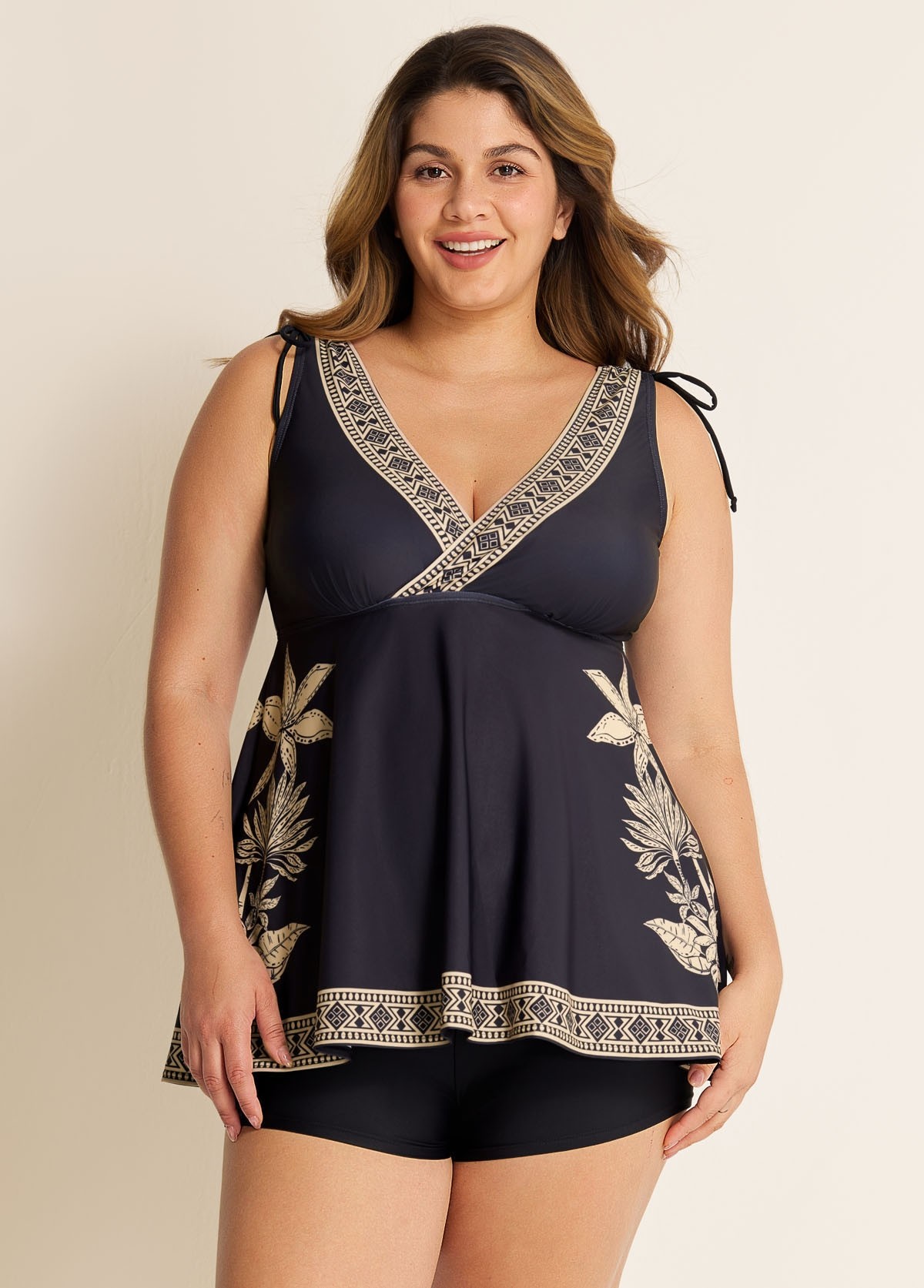 Plus Size Black Floral V Neck Wide Straps Swimsuit Tankini Top