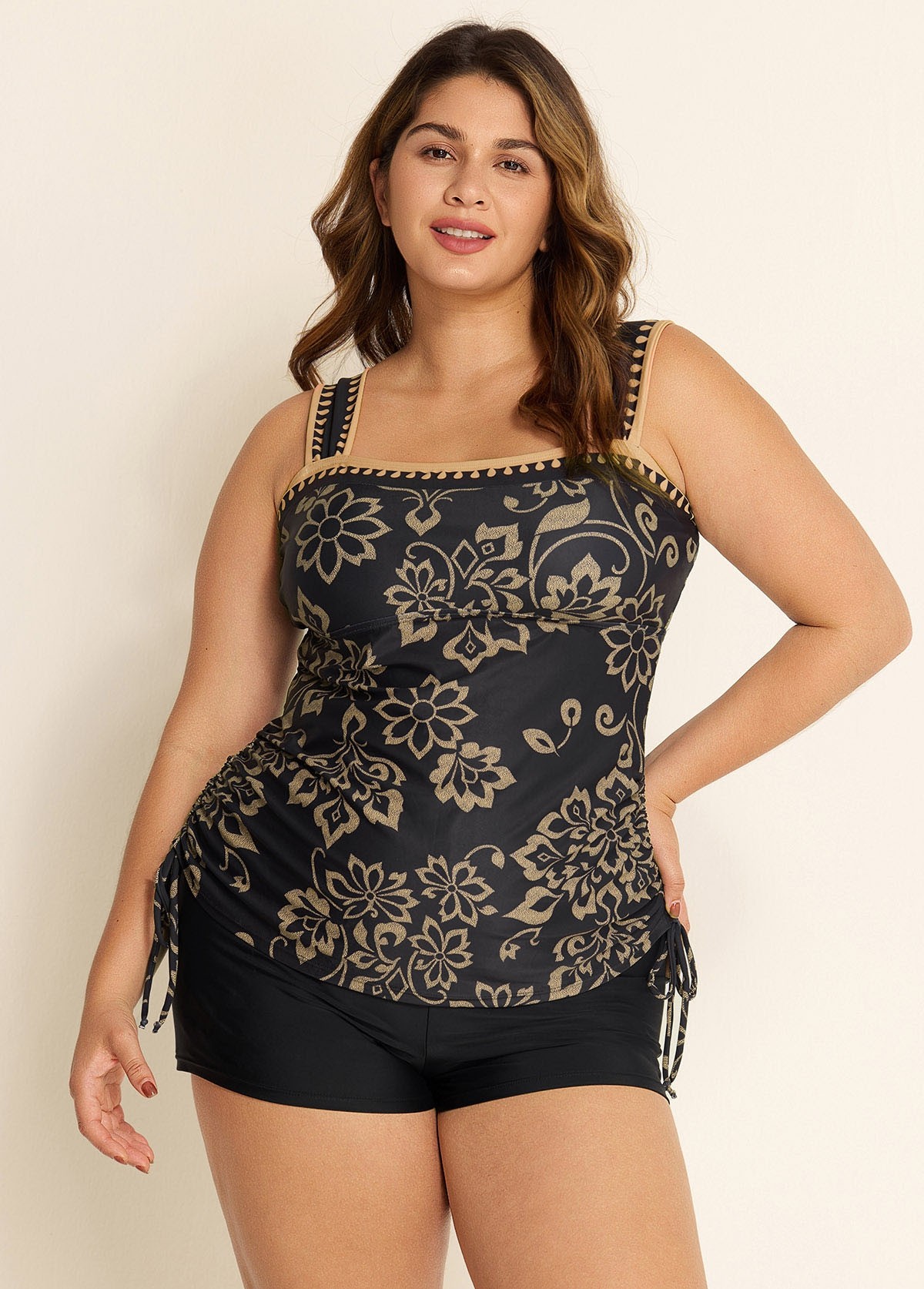 Black Floral Wide Straps Side Drawstring Plus Size Two Piece Swimsuit Tankini Top