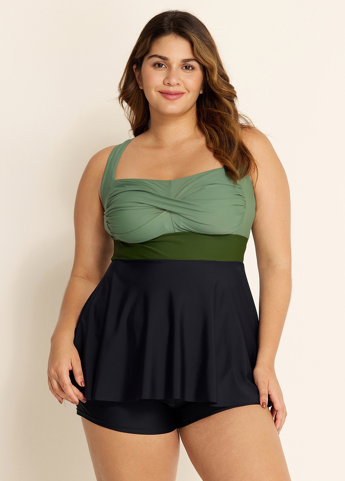 Green And Black Twist Front Patchwork Adjustable Straps Swimwear Tankini Top