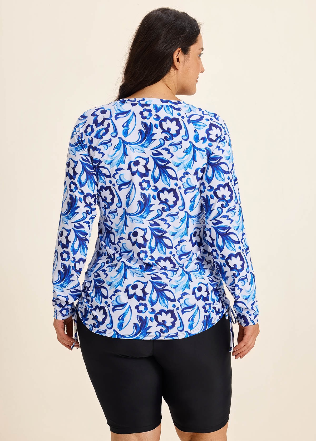 Curvy Blue And White Floral? Upf50+ Long Sleeves Side Drawstring Swimsuit Shirt Tankini Top