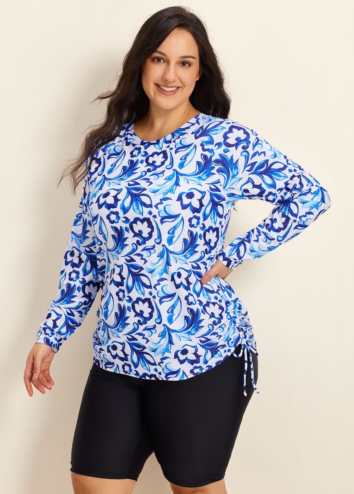 Curvy Blue And White Floral? Upf50+ Long Sleeves Side Drawstring Swimsuit Shirt Tankini Top