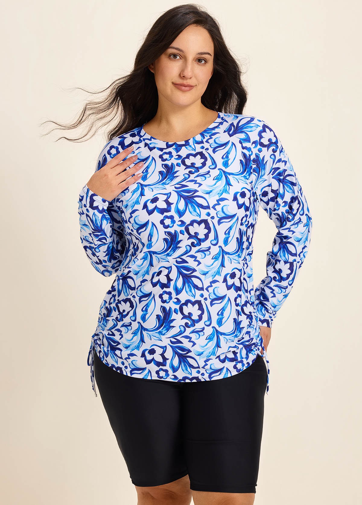 Curvy Blue And White Floral Upf50+ Long Sleeves Side Drawstring Swimsuit Shirt Tankini Top