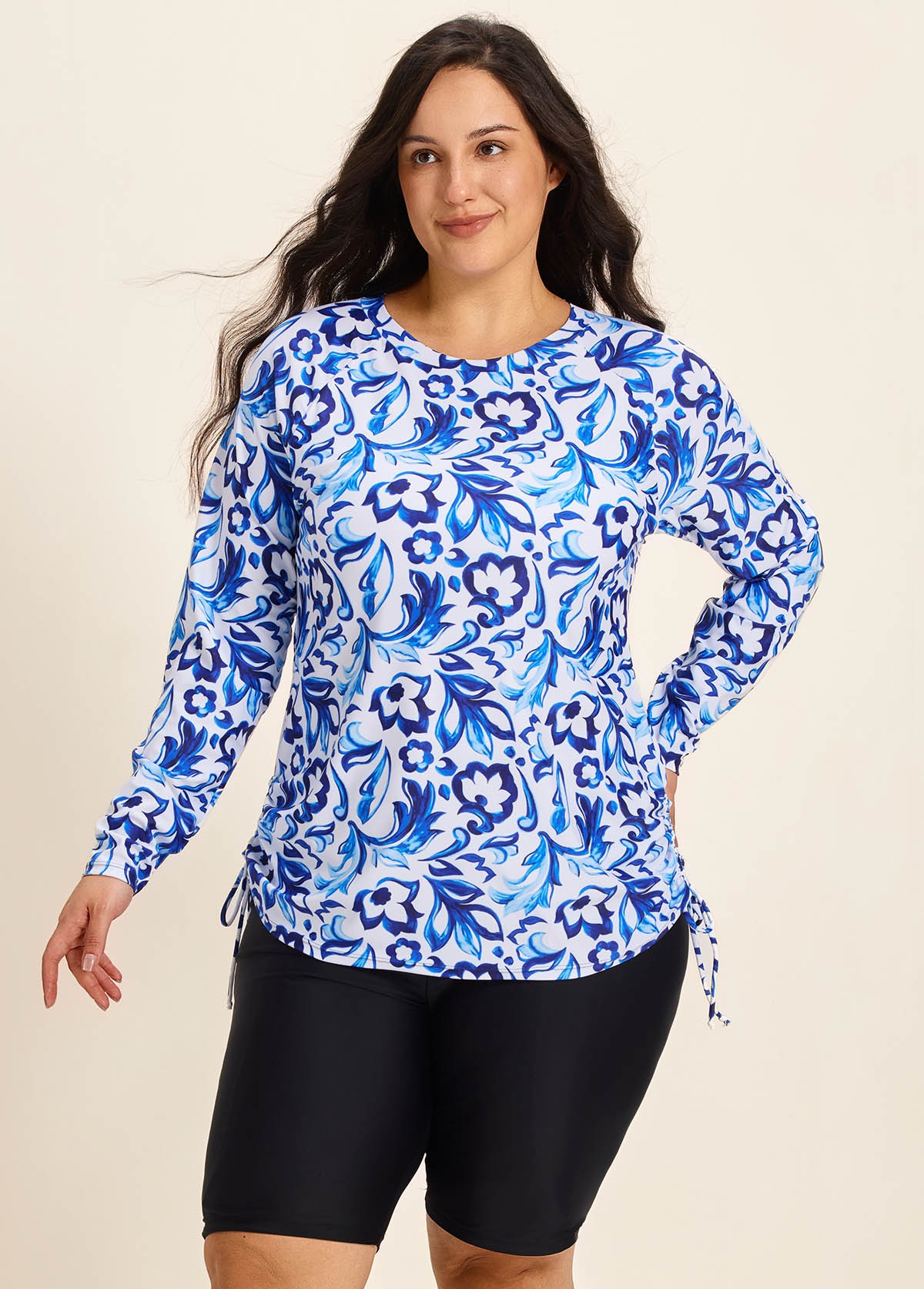 Curvy Blue And White Floral Upf50+ Long Sleeves Side Drawstring Swimsuit Shirt Tankini Top