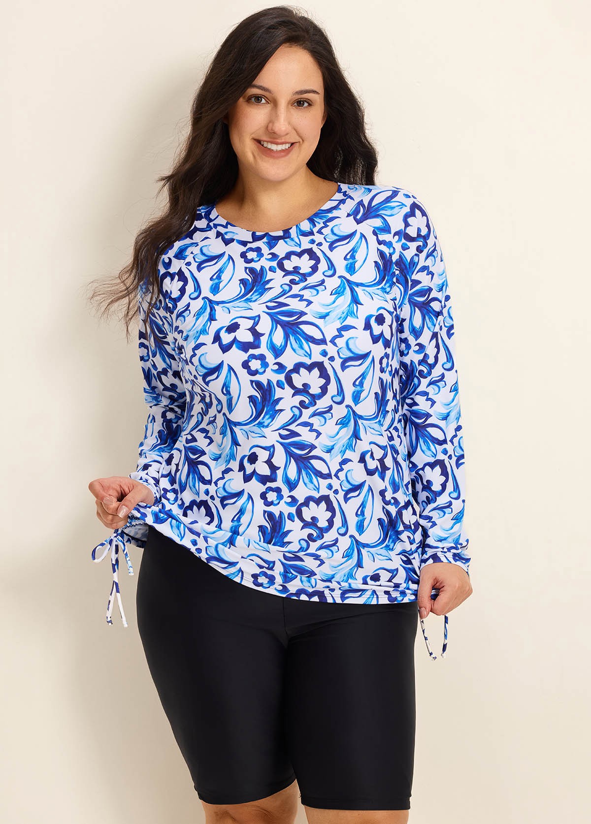Curvy Blue And White Floral Upf50+ Long Sleeves Side Drawstring Swimsuit Shirt Tankini Top
