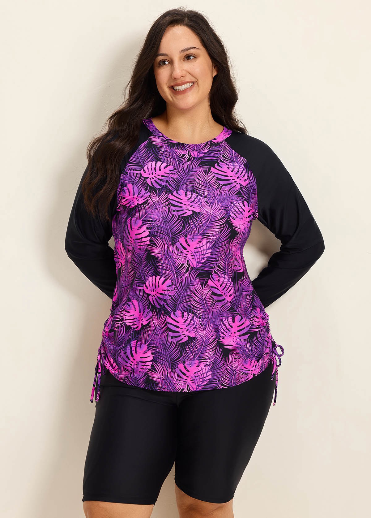 Purle Leaf High Neck Upf50+ Long Sleeves Side Drawstring Curvy Swimsuit Shirt Tankini Top