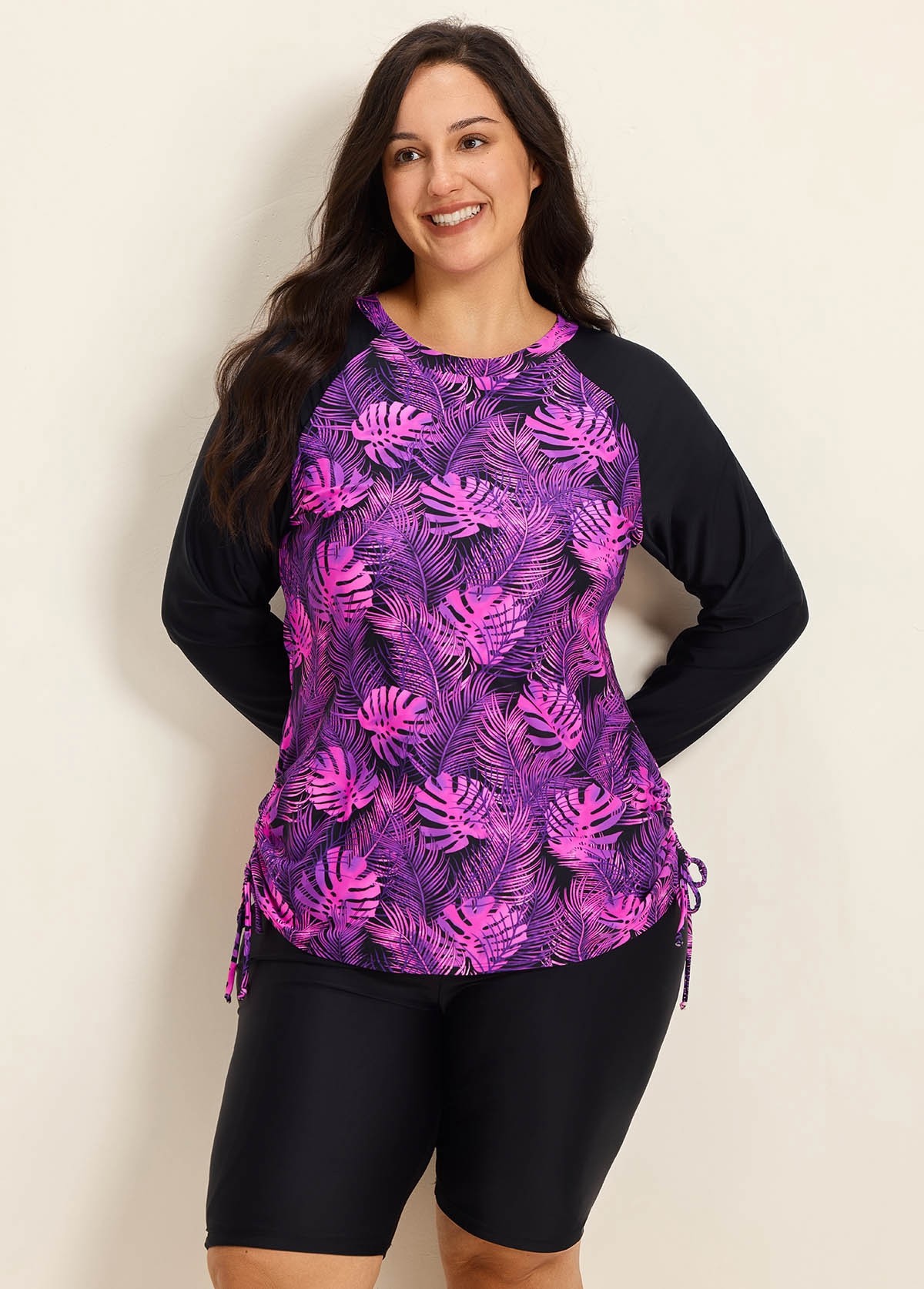 Purle Leaf High Neck Upf50+ Long Sleeves Side Drawstring Curvy Swimsuit Shirt Tankini Top